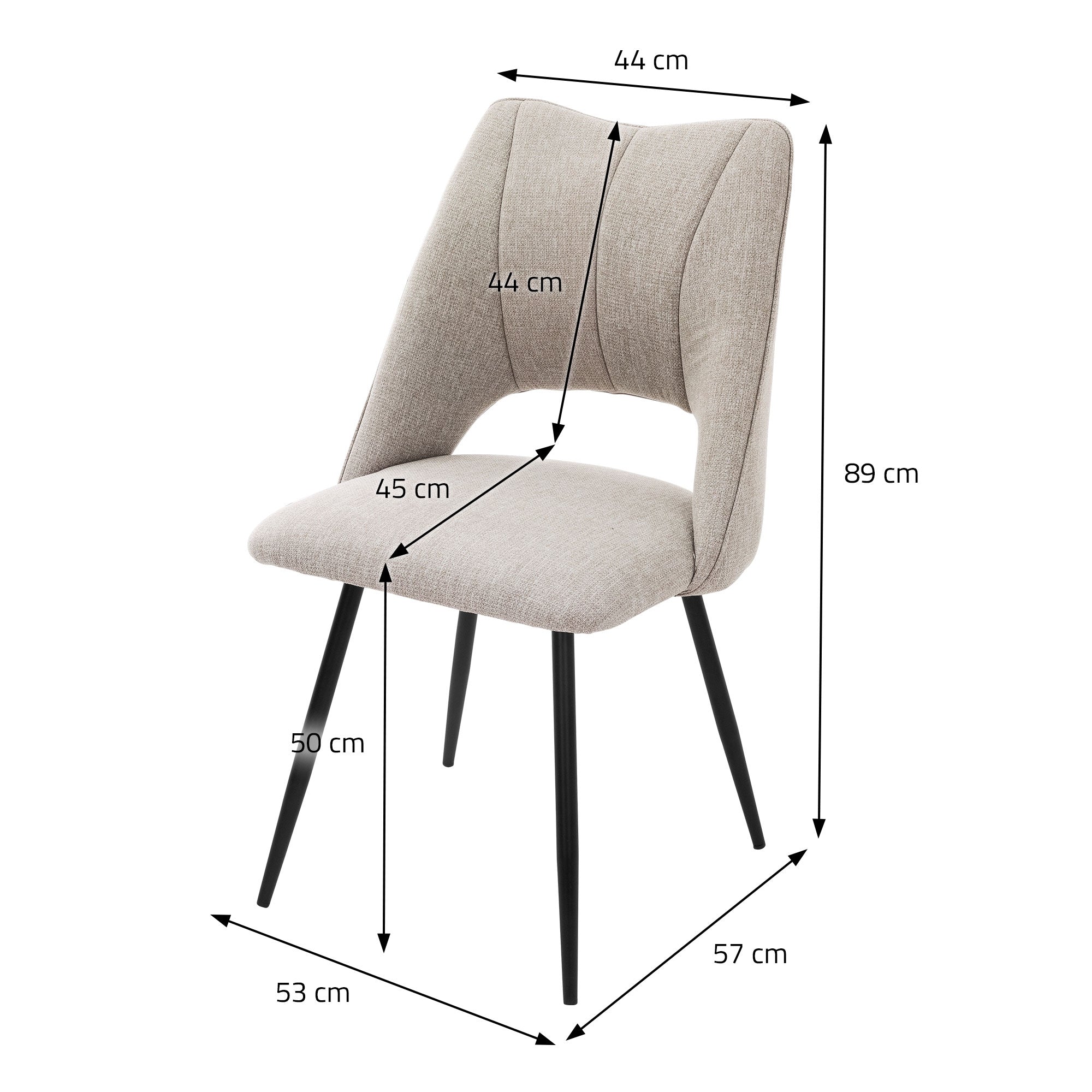 Beige spisestuestol med mål og detaljer om dimensionerne.