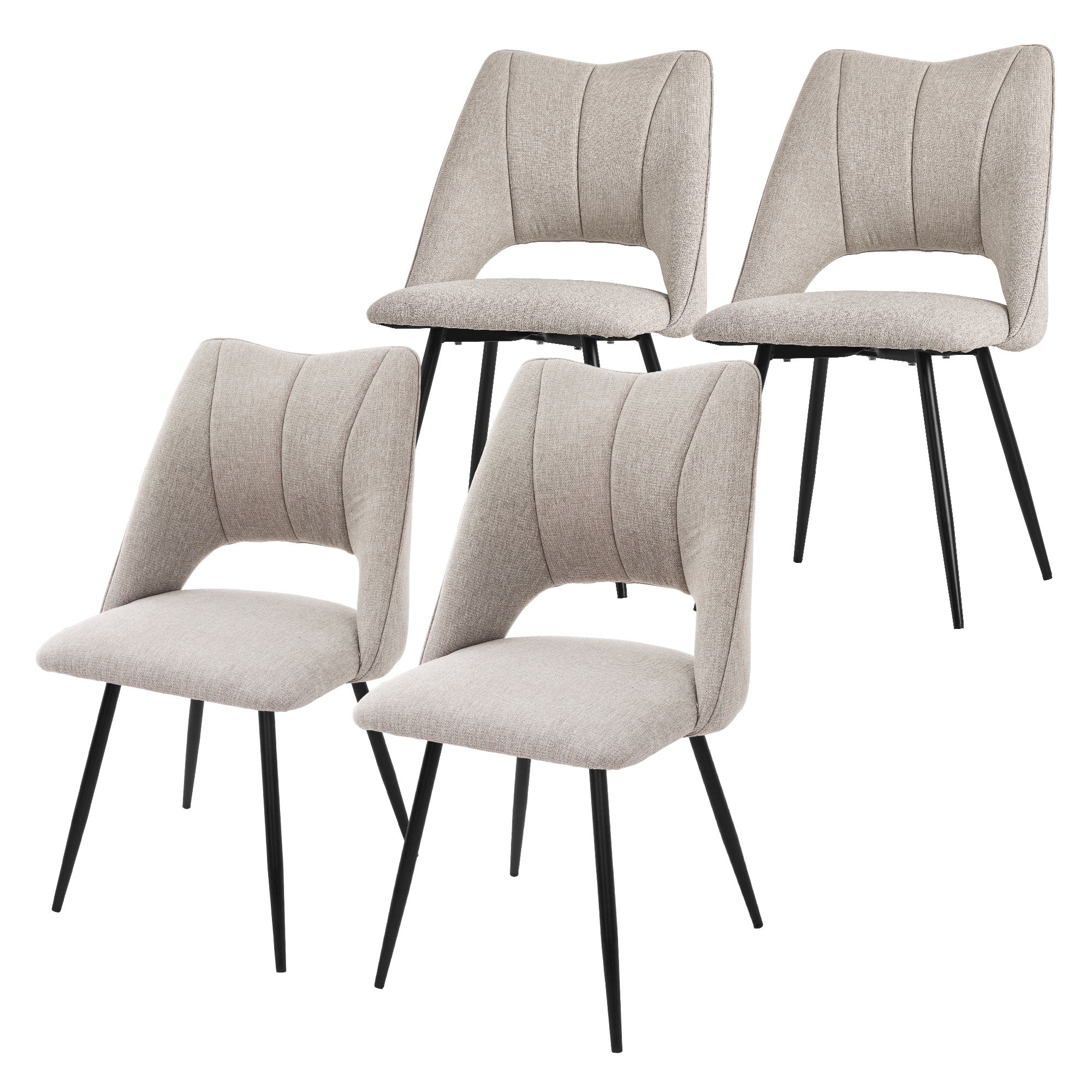 Vier beige Esszimmerstühle mit gepolsterten Rückenlehnen und schwarzen Beinen.