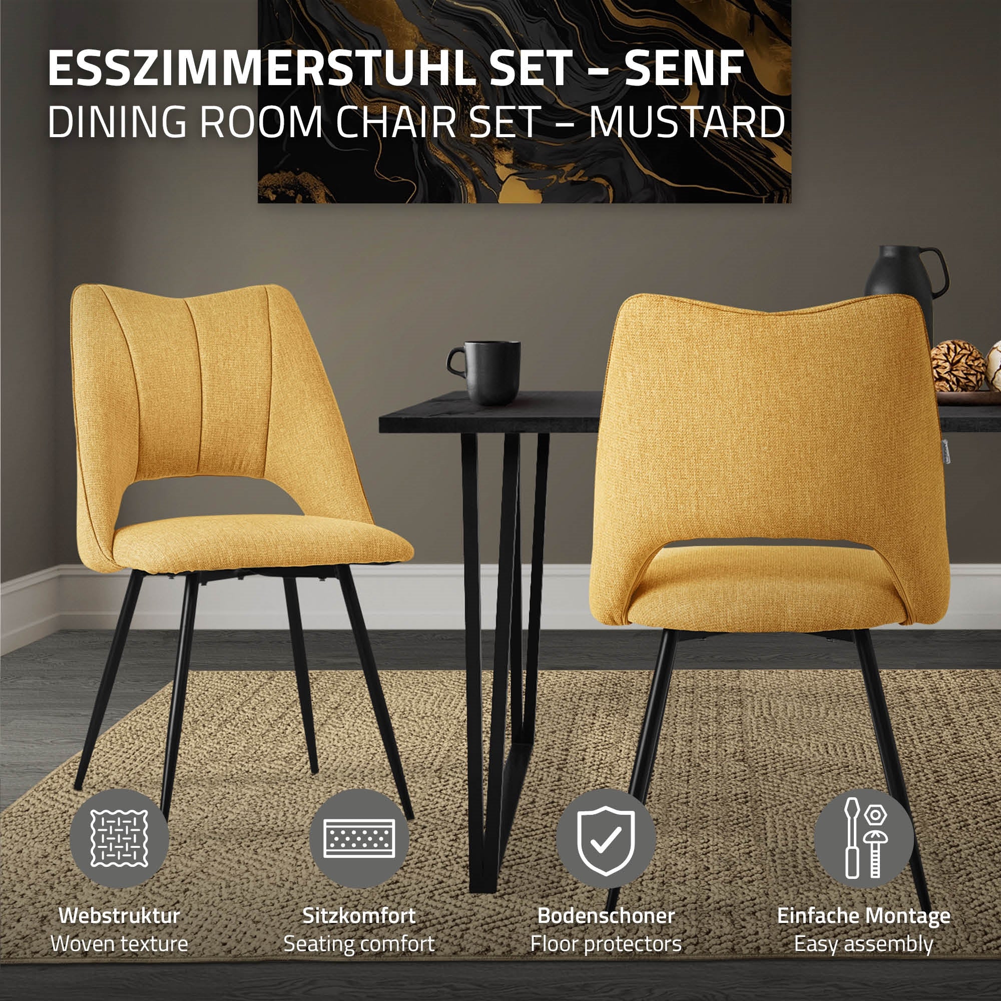 Zwei senfgelbe Esszimmerstühle vor einem Tisch auf einem Teppich.
