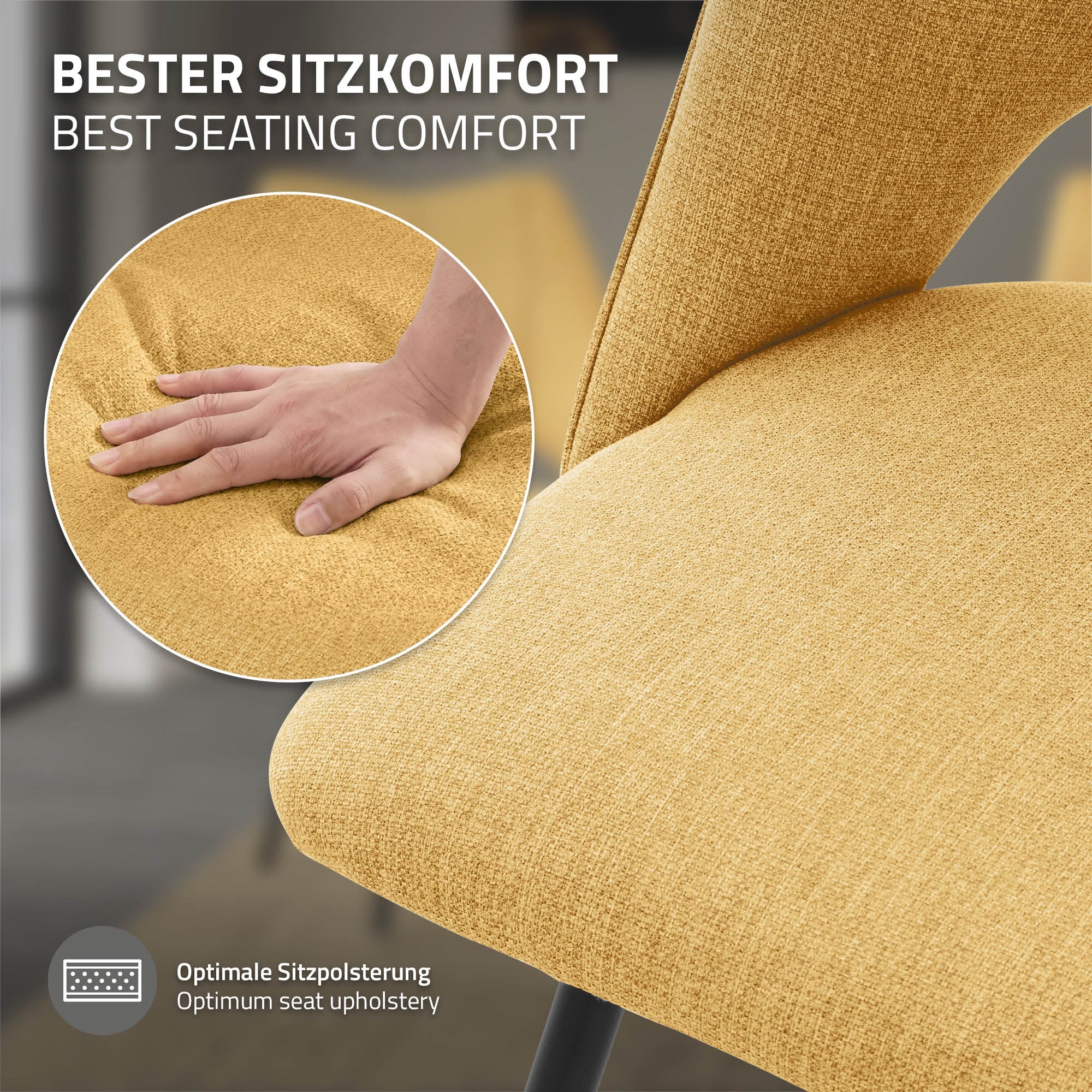 Nahaufnahme eines gelben Stuhls mit einer Hand, die die Polsterung drückt.
