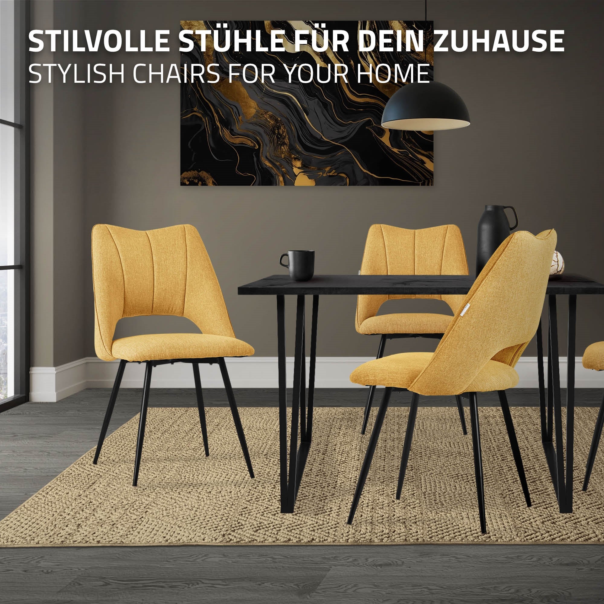 Ein Esszimmer mit einem schwarzen Tisch und vier gelben Stühlen auf einem Teppich.