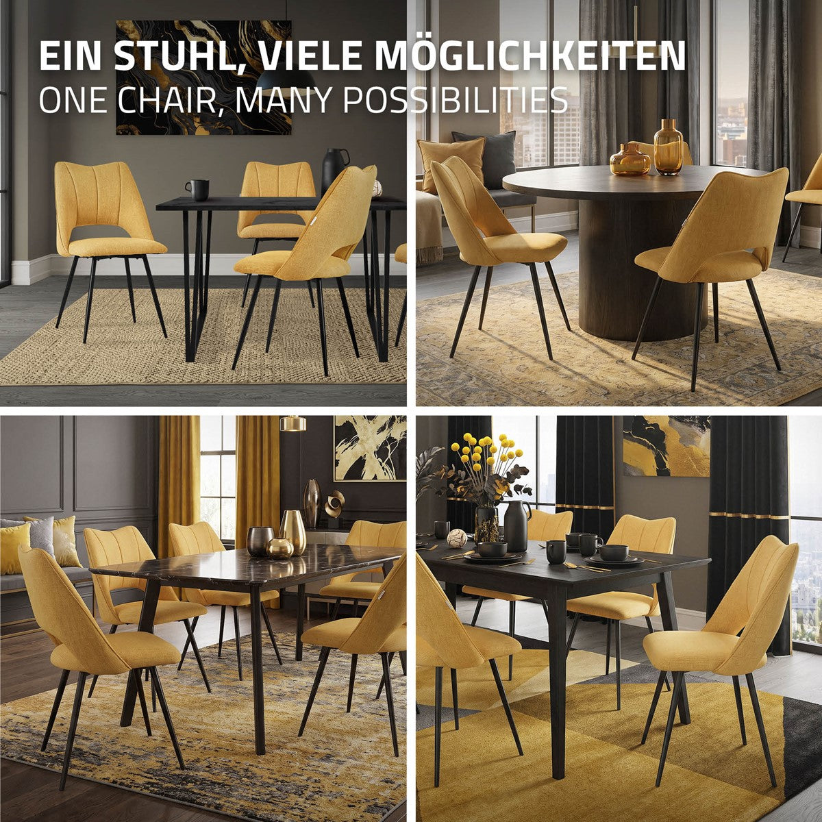 Verschiedene gelbe Stühle um einen runden Tisch in einem eleganten Raum.