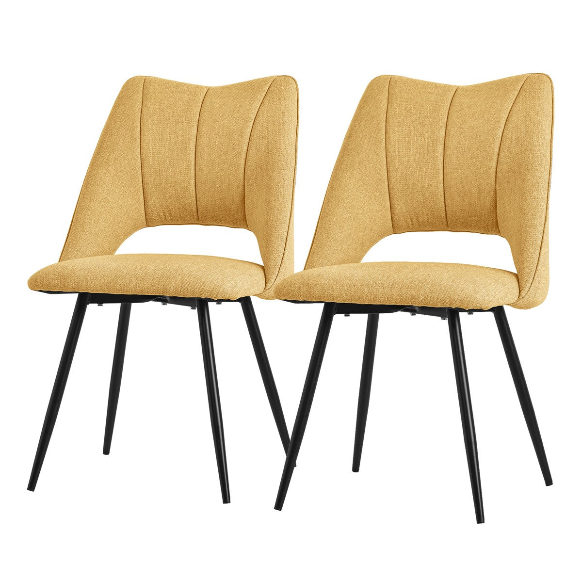 Two yellow chairs with black frames on a white background.