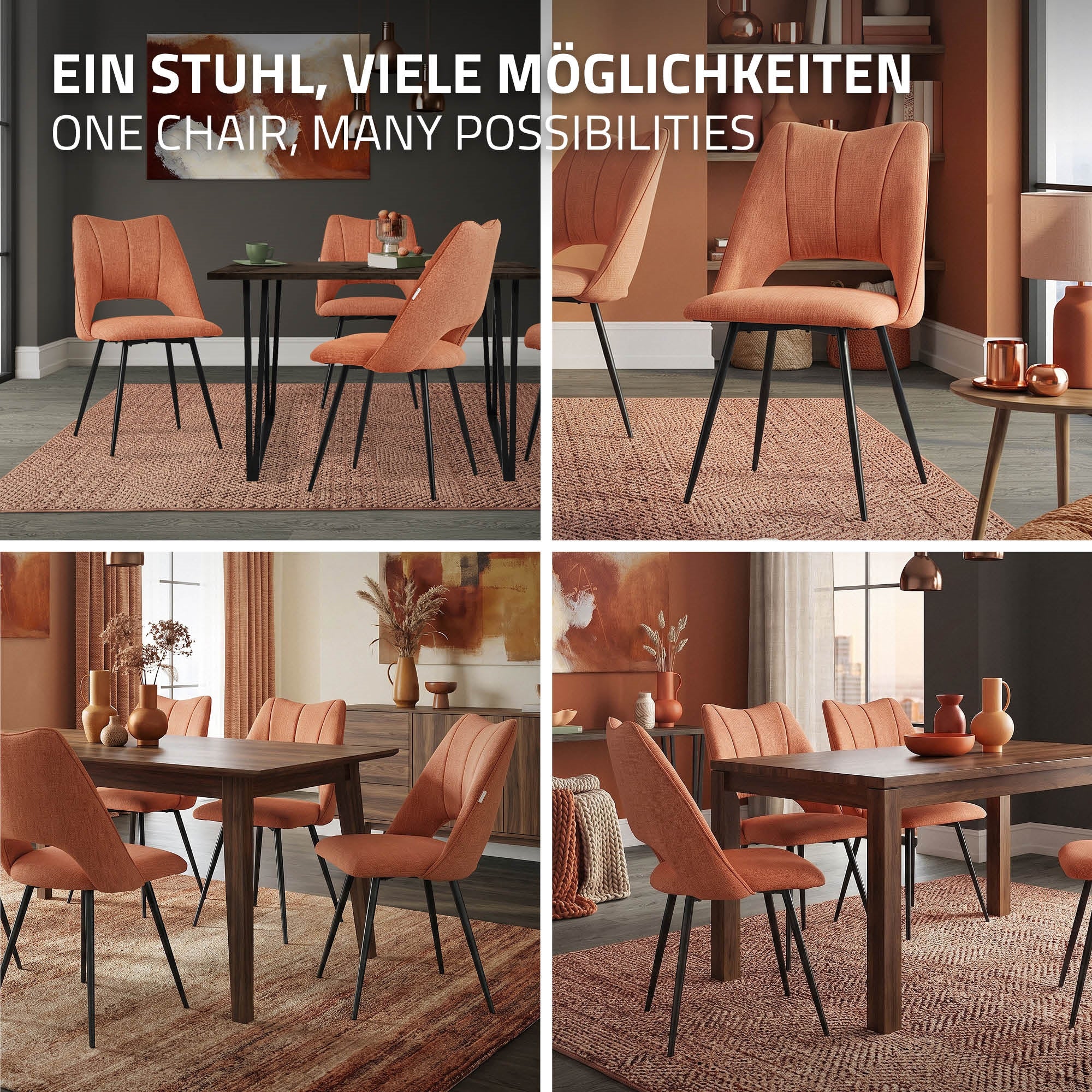 Vier orangefarbene Stühle um einen Holztisch in einem modernen Raum.