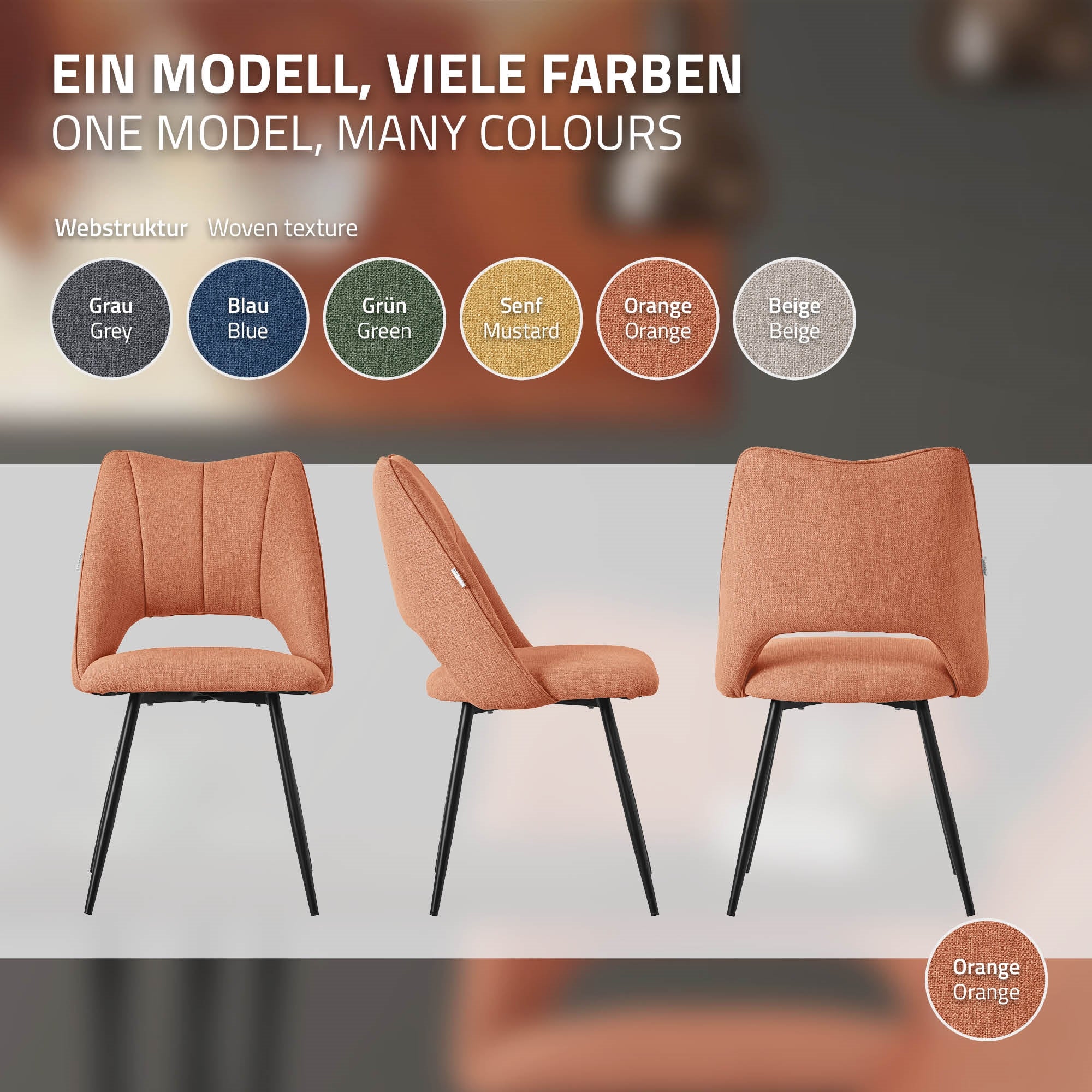 Ein orangefarbener Stuhl mit verschiedenen Farboptionen daneben.