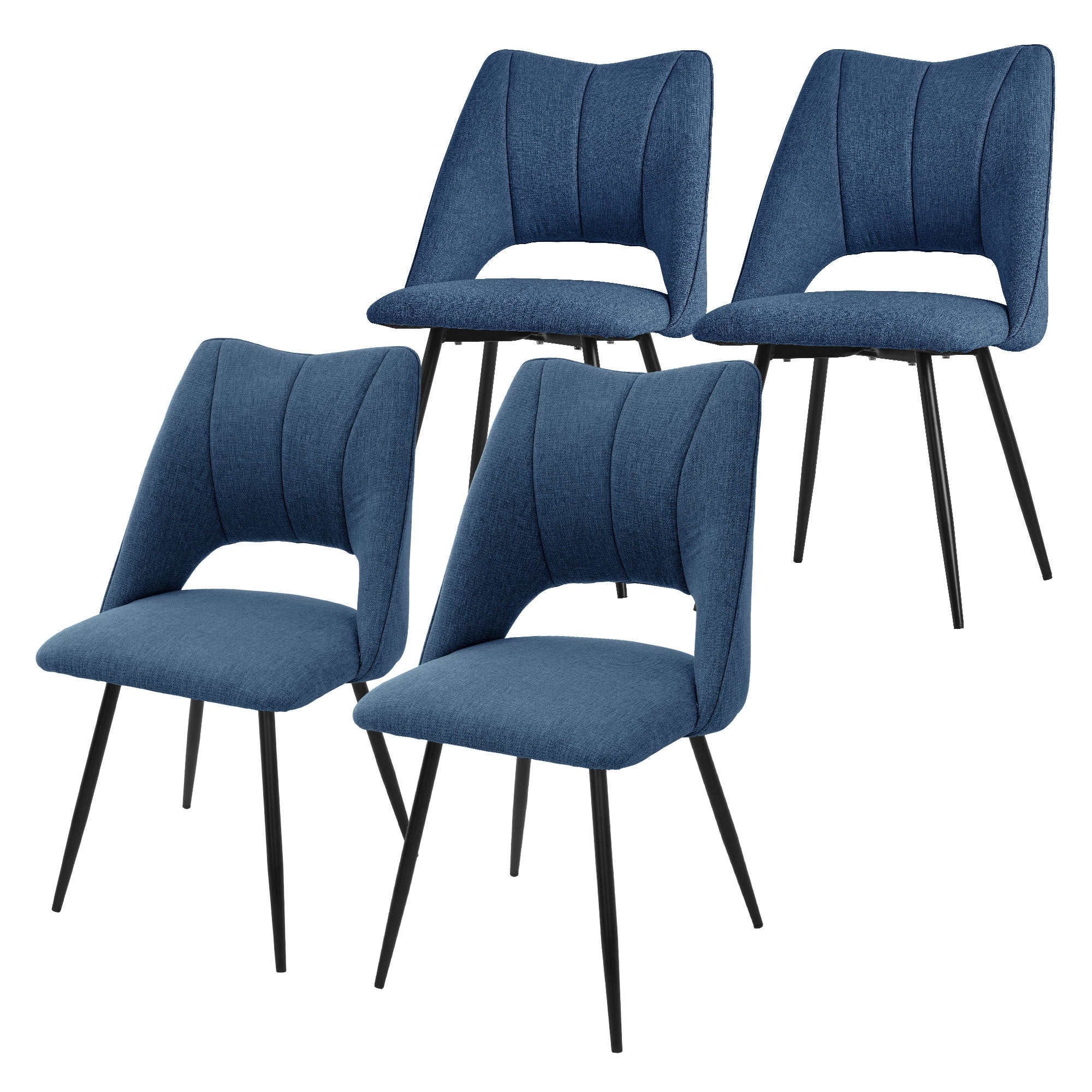 Quattro sedie blu con gambe nere disposte in gruppo.