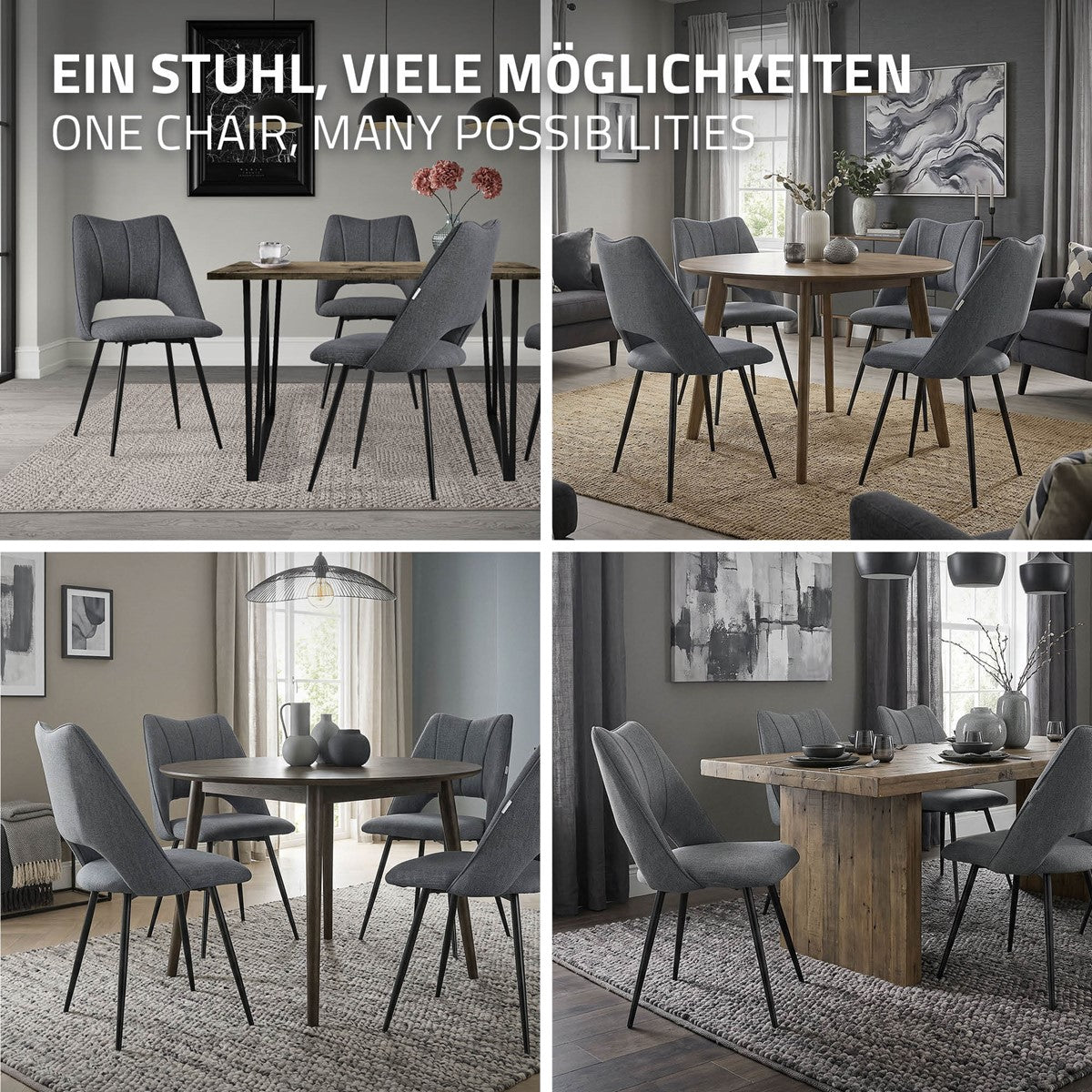 Fyra grå stolar runt ett träbord i ett modernt rum.