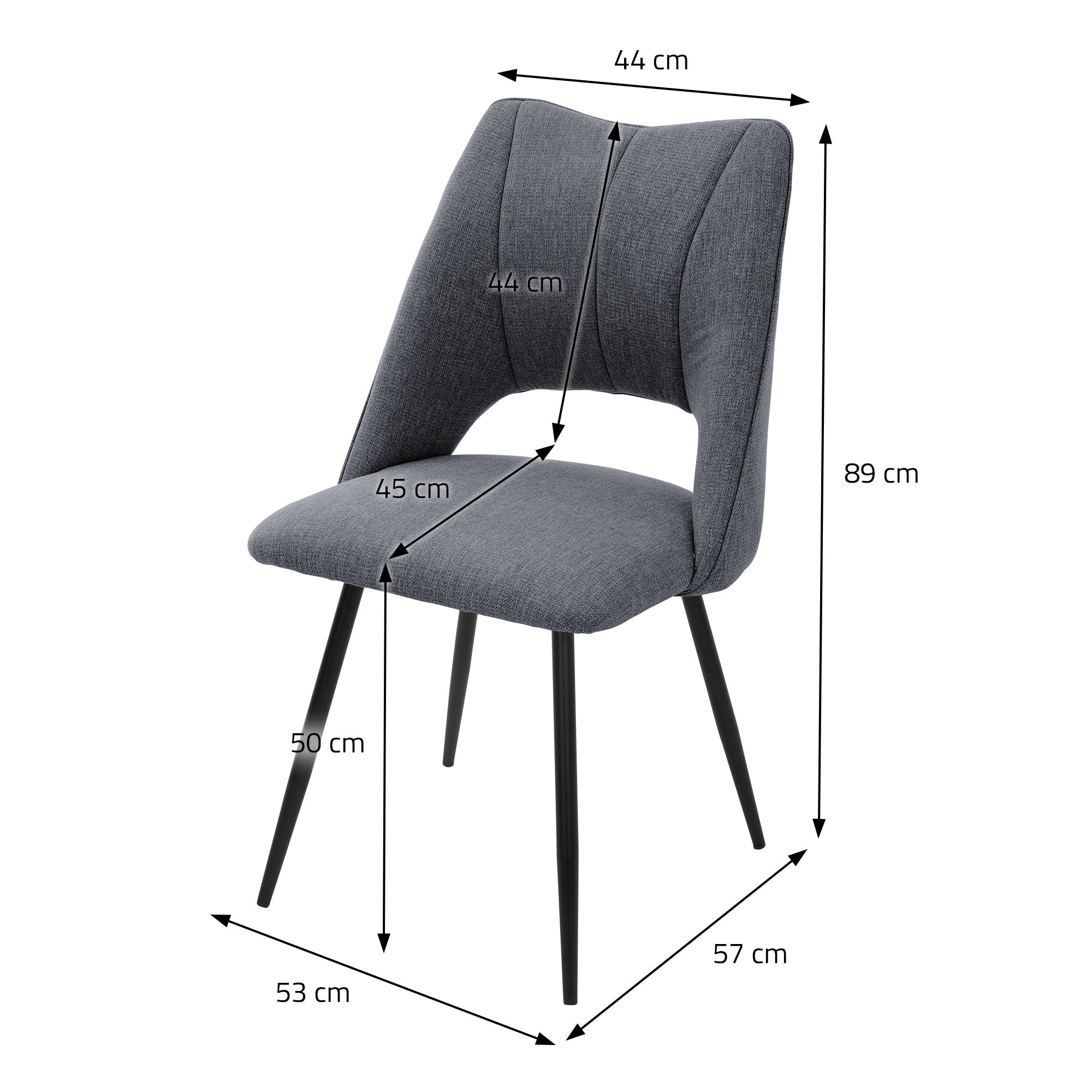 Grå stol med mål: Højde 89 cm, Bredde 53 cm, Dybde 50 cm.