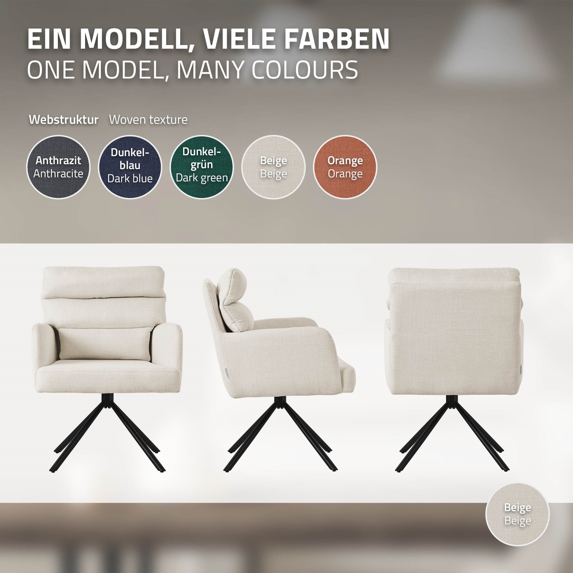 Drei Ansichten eines beigen Stuhls auf einem hellen Hintergrund.