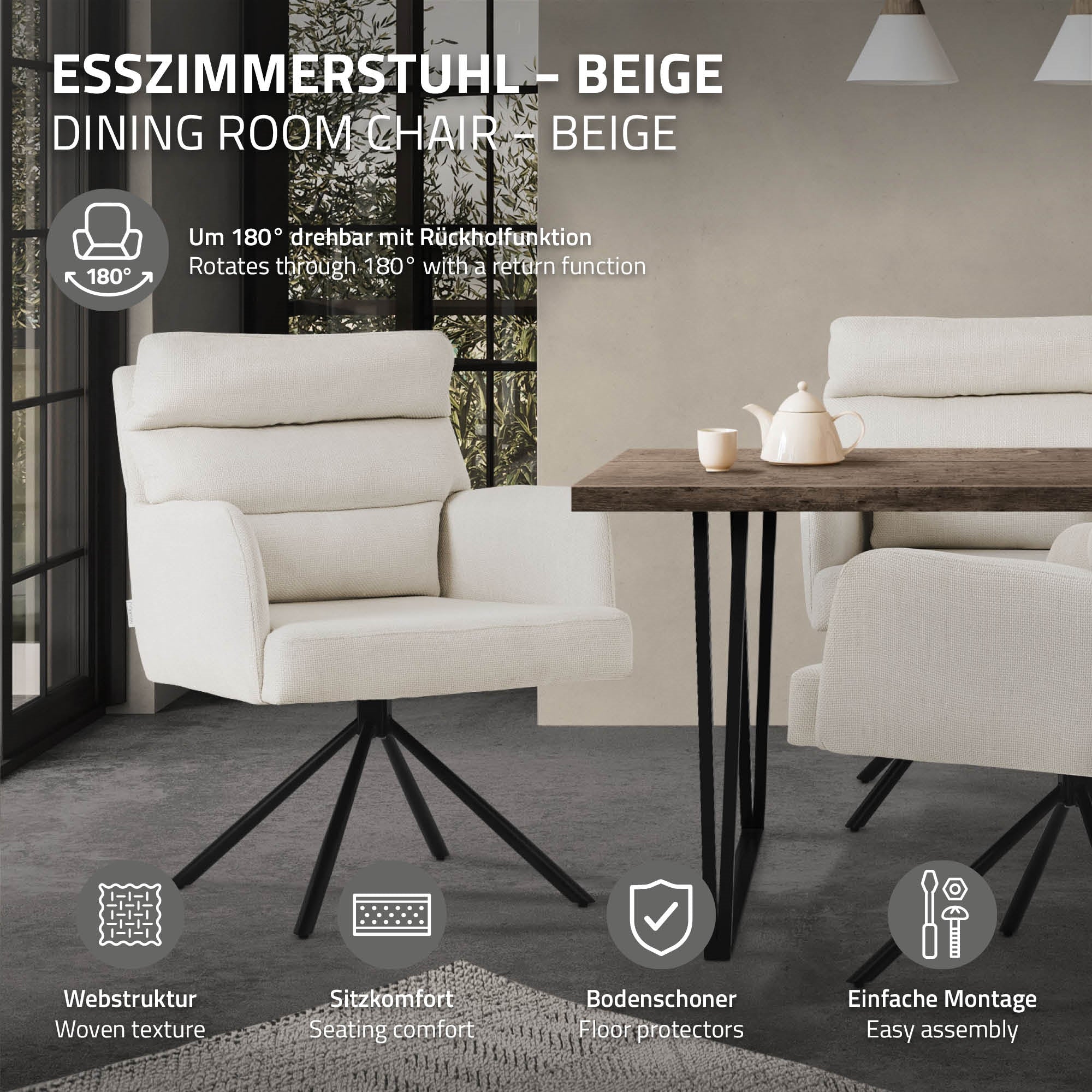 Beiger Esszimmerstuhl mit Rückholfunktion und stabiler Bauweise.
