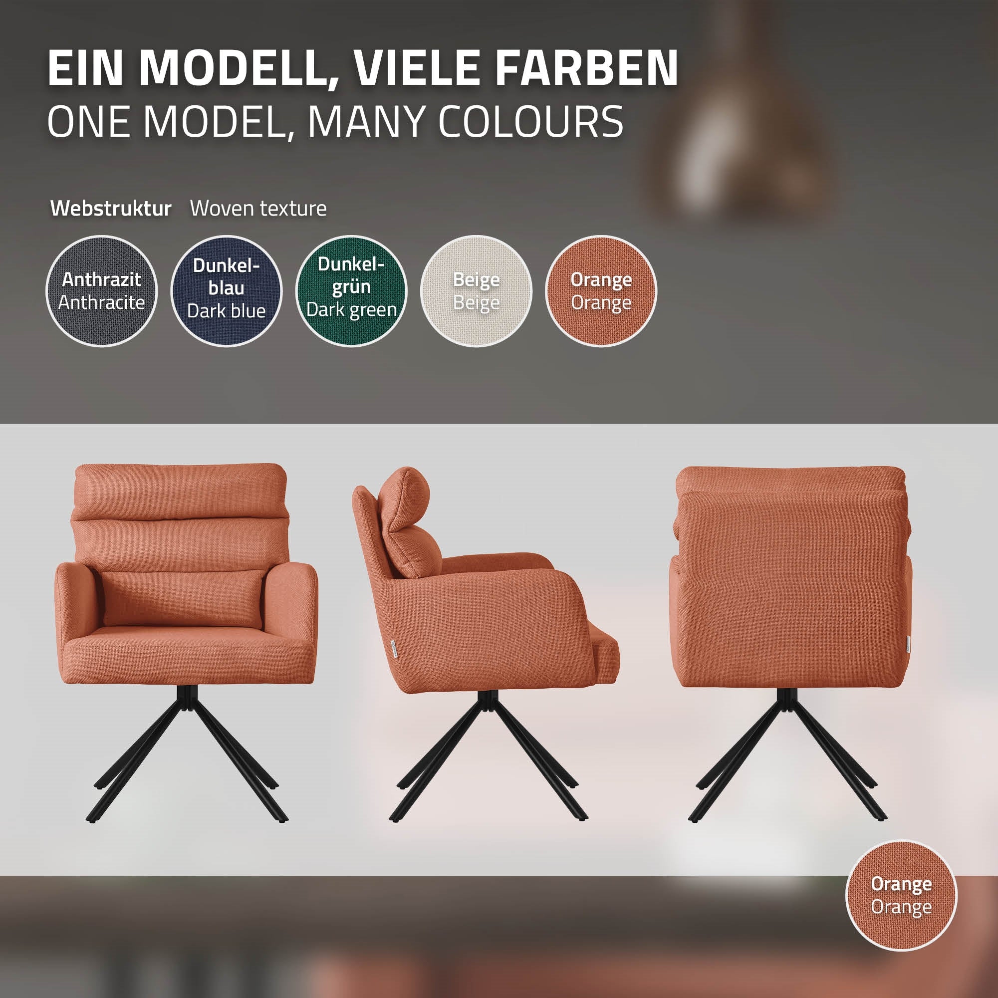 Drei Sessel in verschiedenen Farben auf einem hellen Hintergrund.