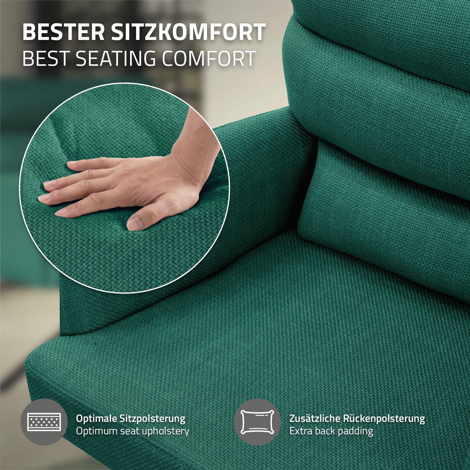 Nahaufnahme einer Hand auf einem grünen Sesselpolster.