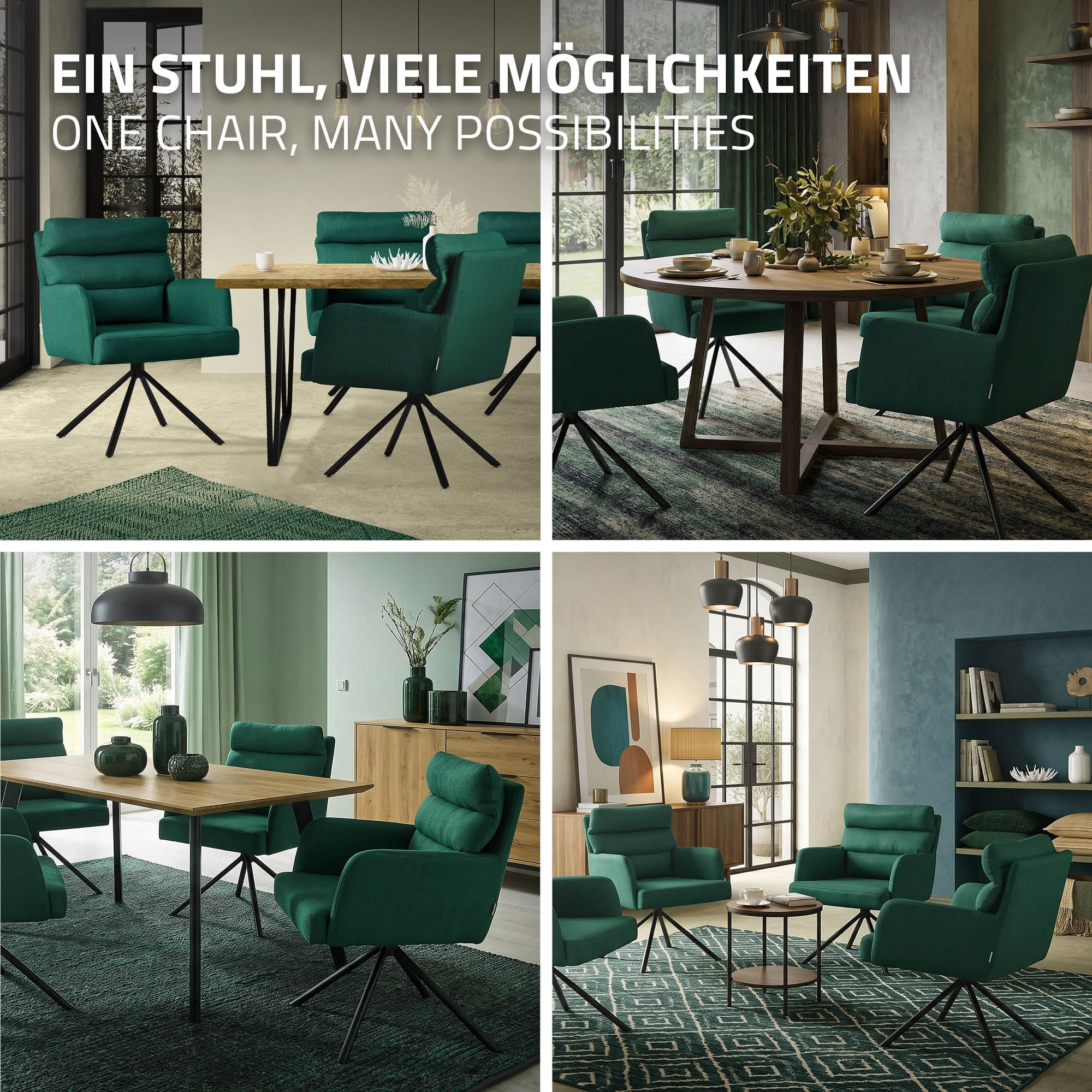 Verschiedene grüne Stühle um einen Tisch in einem modernen Raum.