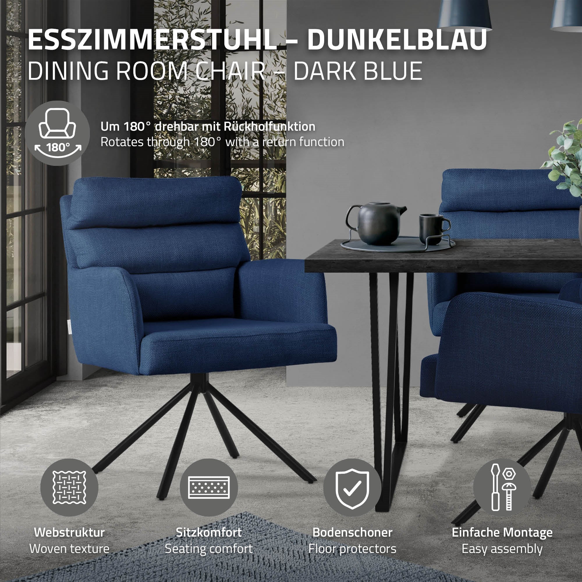 Dunkelblauer Esszimmerstuhl an einem Tisch mit Kaffeetasse.