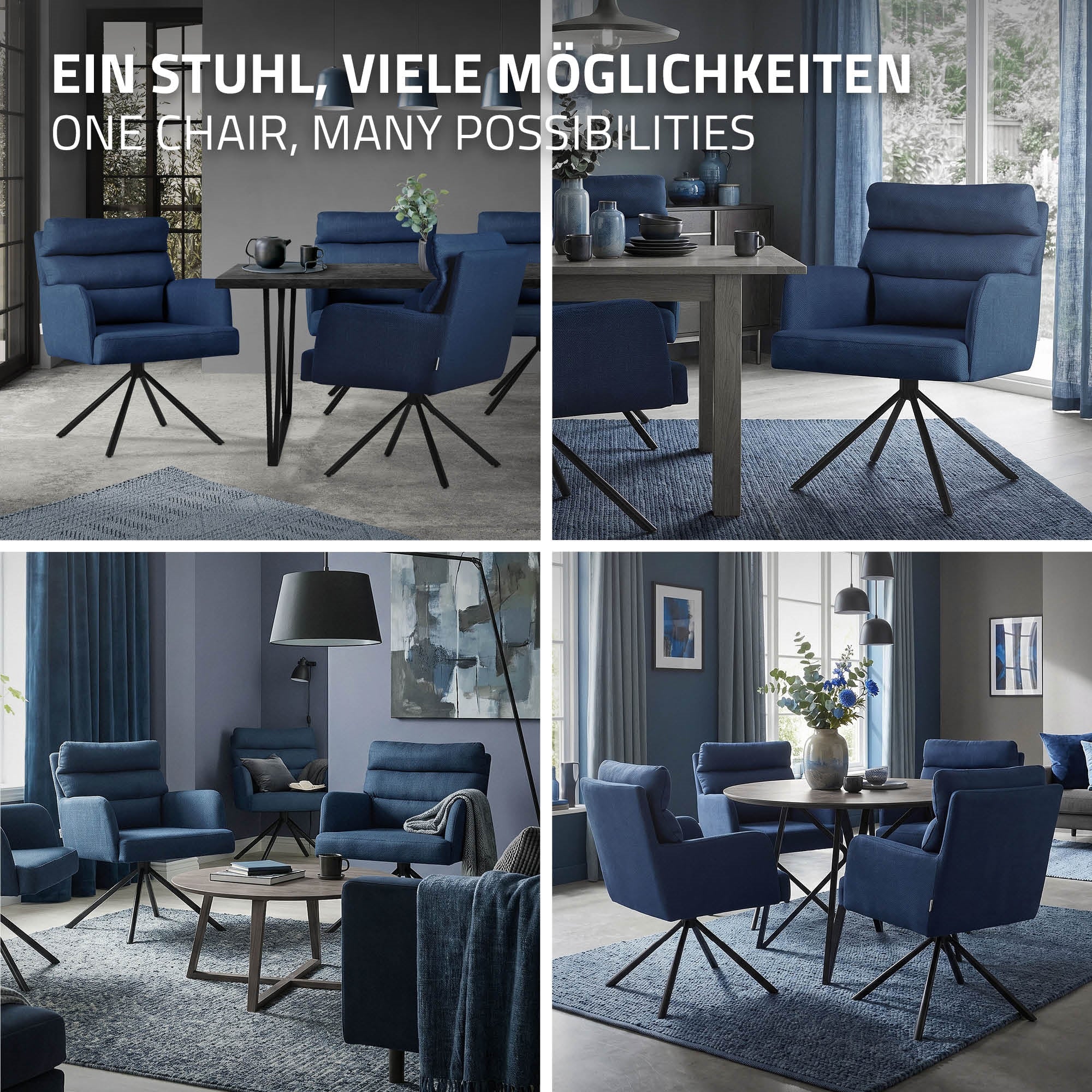 Vier Bilder eines modernen Wohnzimmers mit blauen Möbeln und einem Tisch.