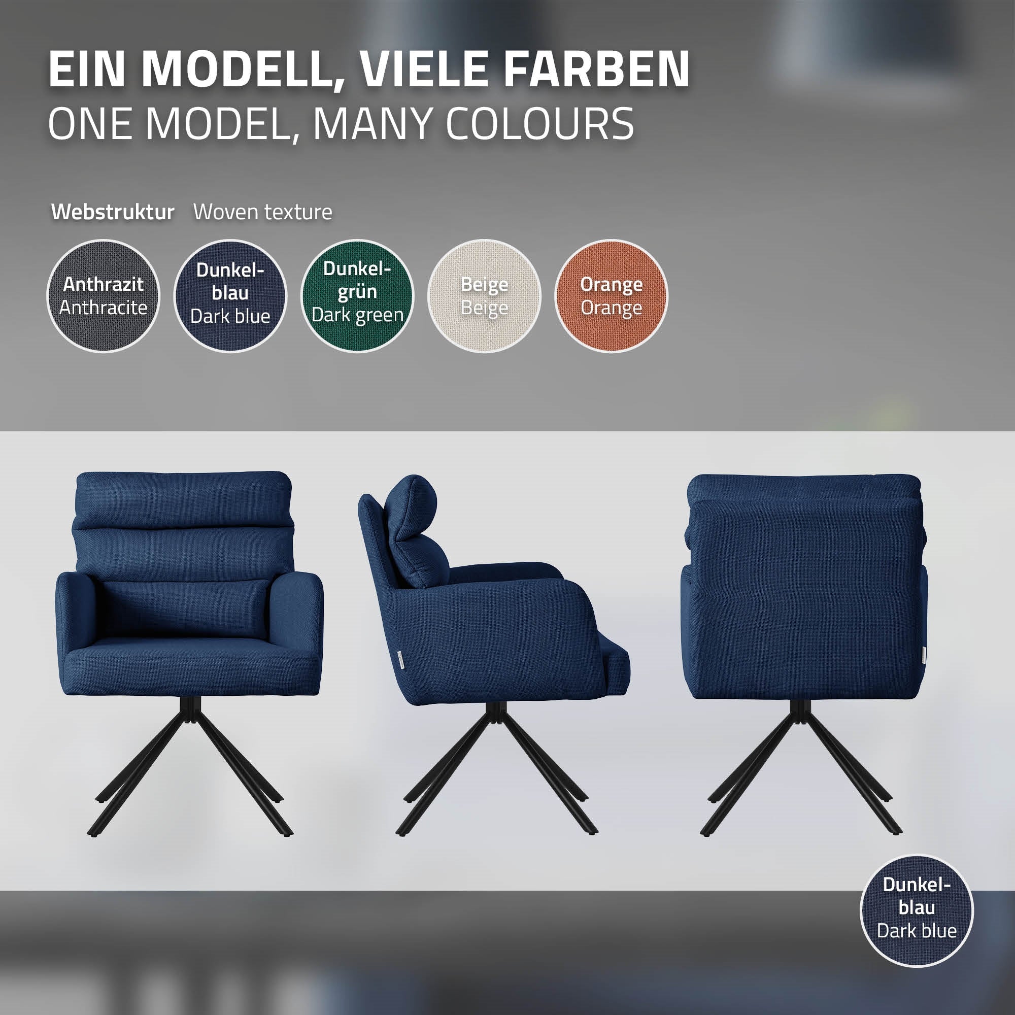 Drei Ansichten eines blauen Stuhls auf einem grauen Hintergrund.