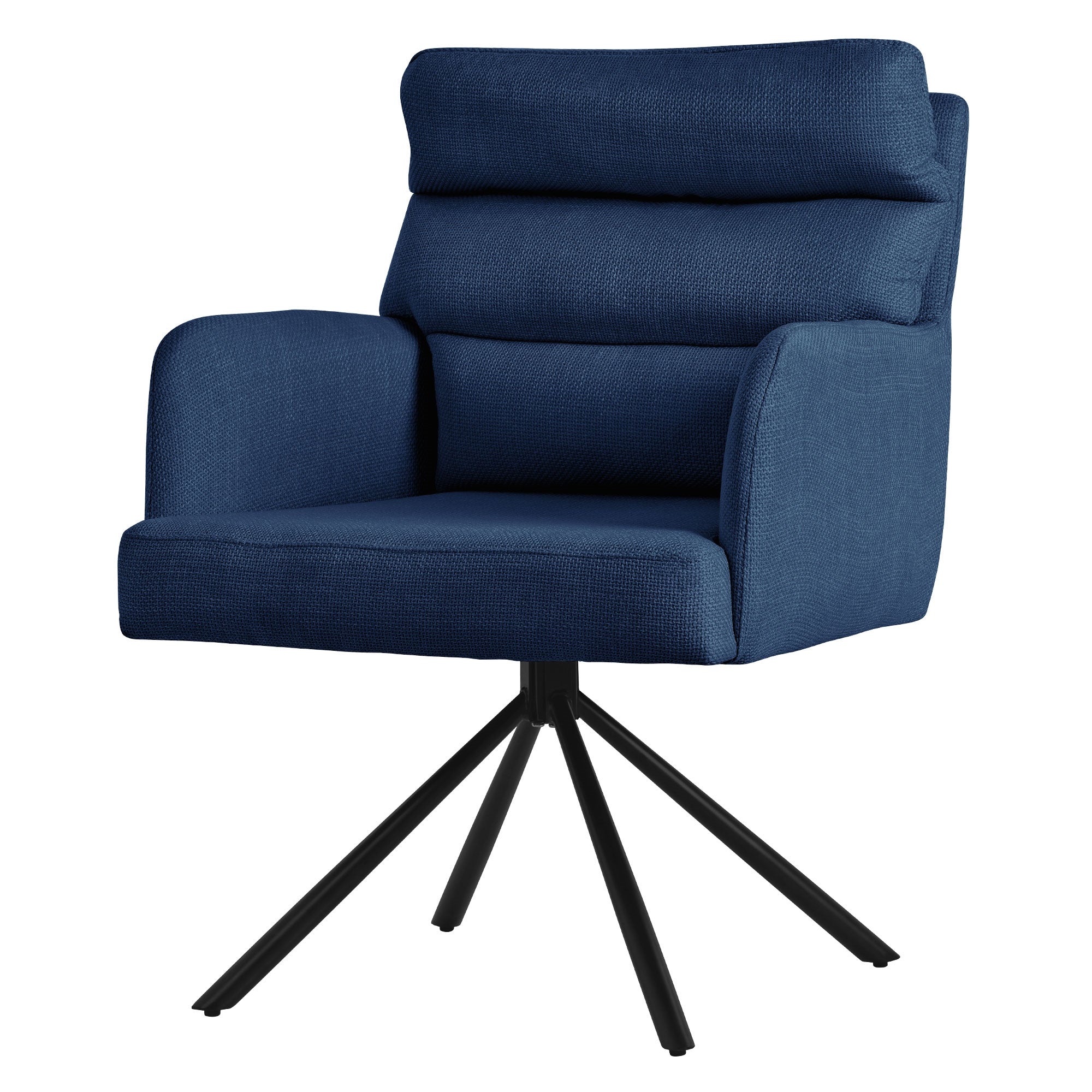 Blauer Drehstuhl mit hoher Rückenlehne und schwarzem Fußgestell.