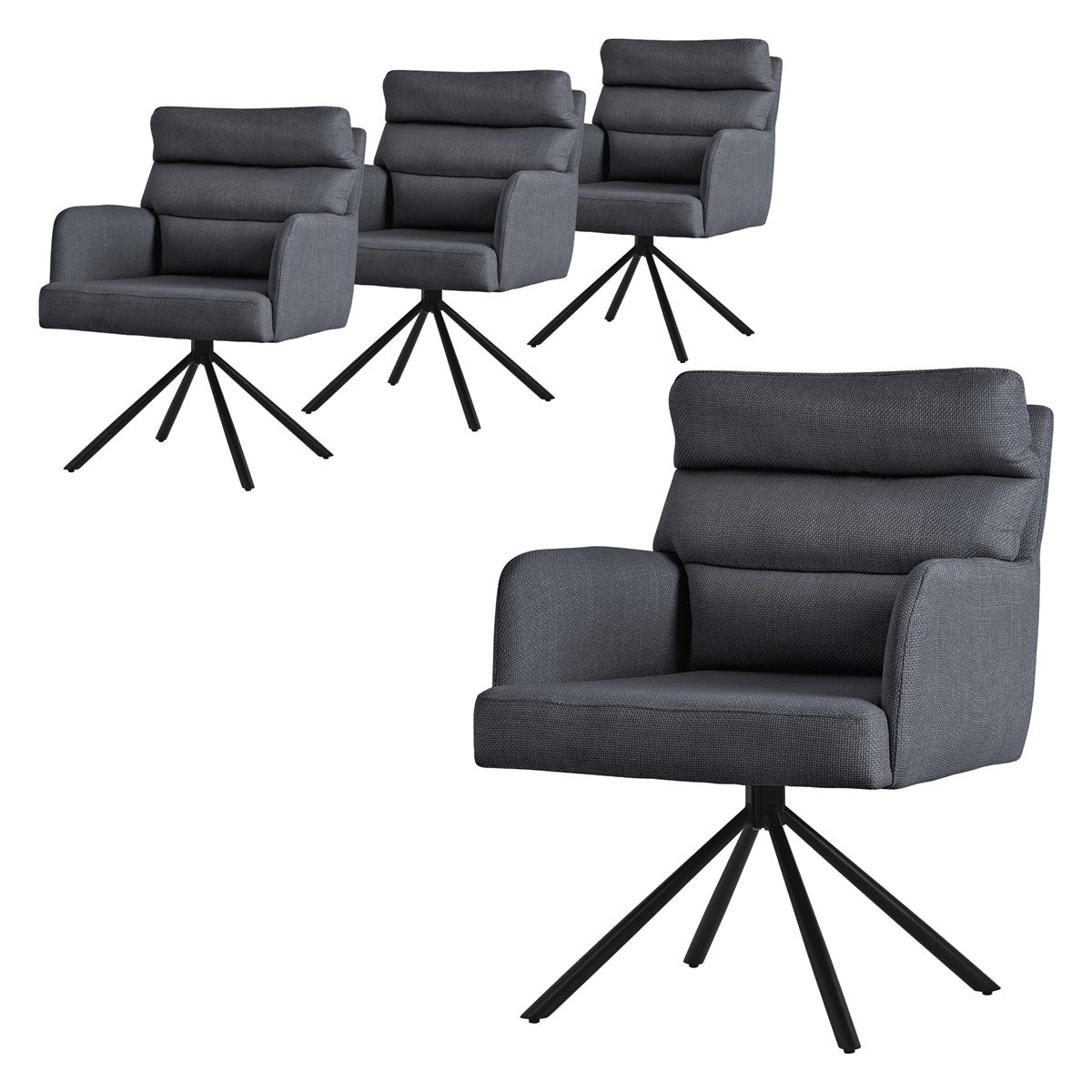 Quatro cadeiras cinzentas com estrutura giratória sobre um fundo branco.