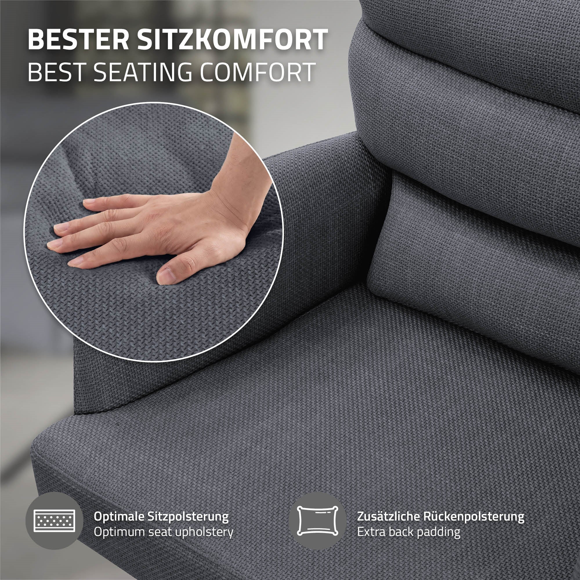 Nahaufnahme einer Hand auf einem grauen Stuhlpolster.