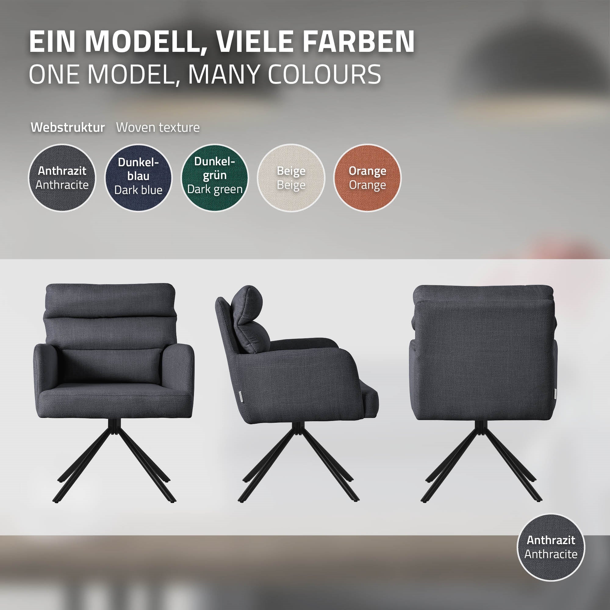 Drei Ansichten eines grauen Sessels in verschiedenen Farben auf einem neutralen Hintergrund.