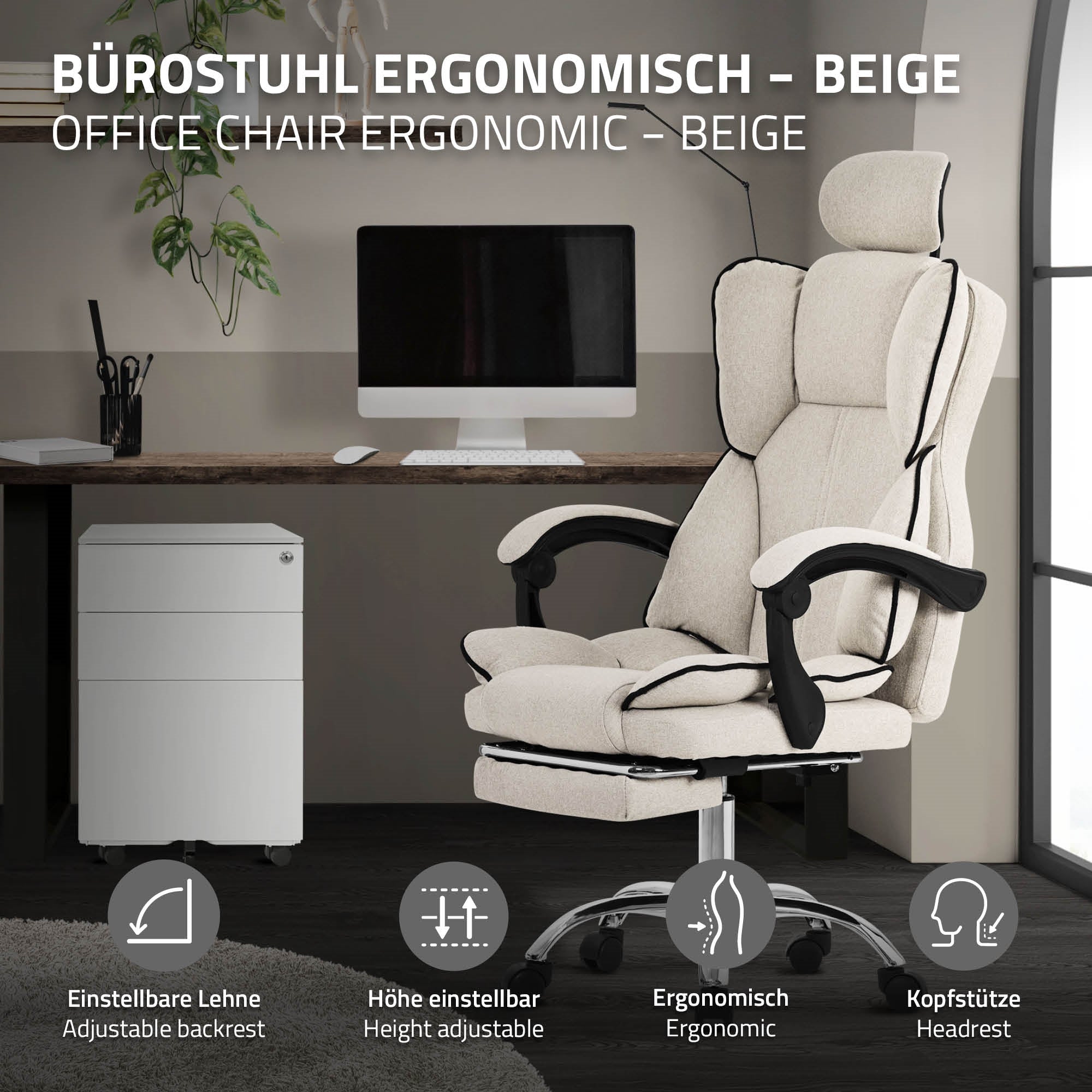 Ergonomischer Bürostuhl in Beige mit verstellbarer Lehne und Kopfstütze.