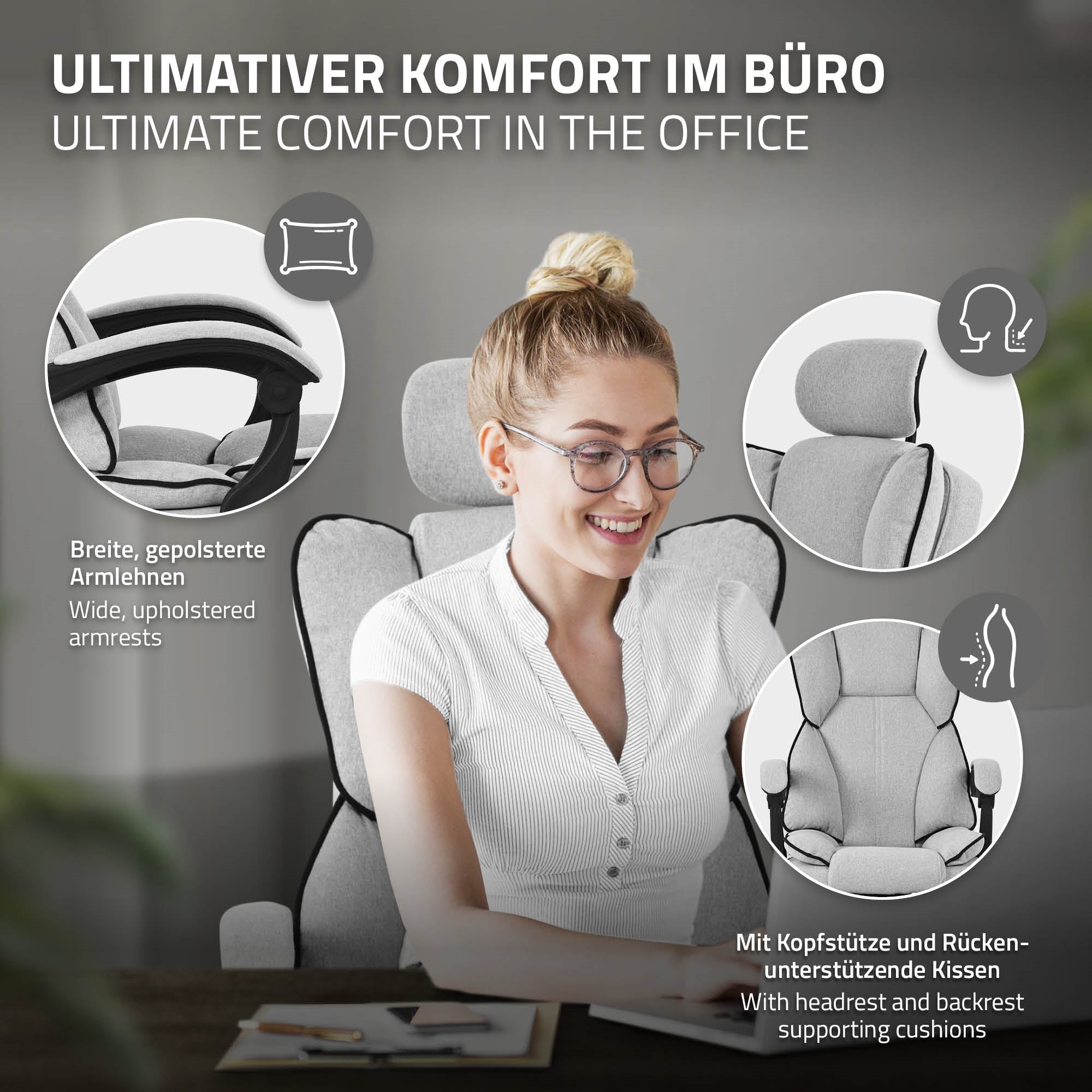 Bürostuhl mit gepolsterten Armlehnen und Kopfstütze, in einem modernen Büro.