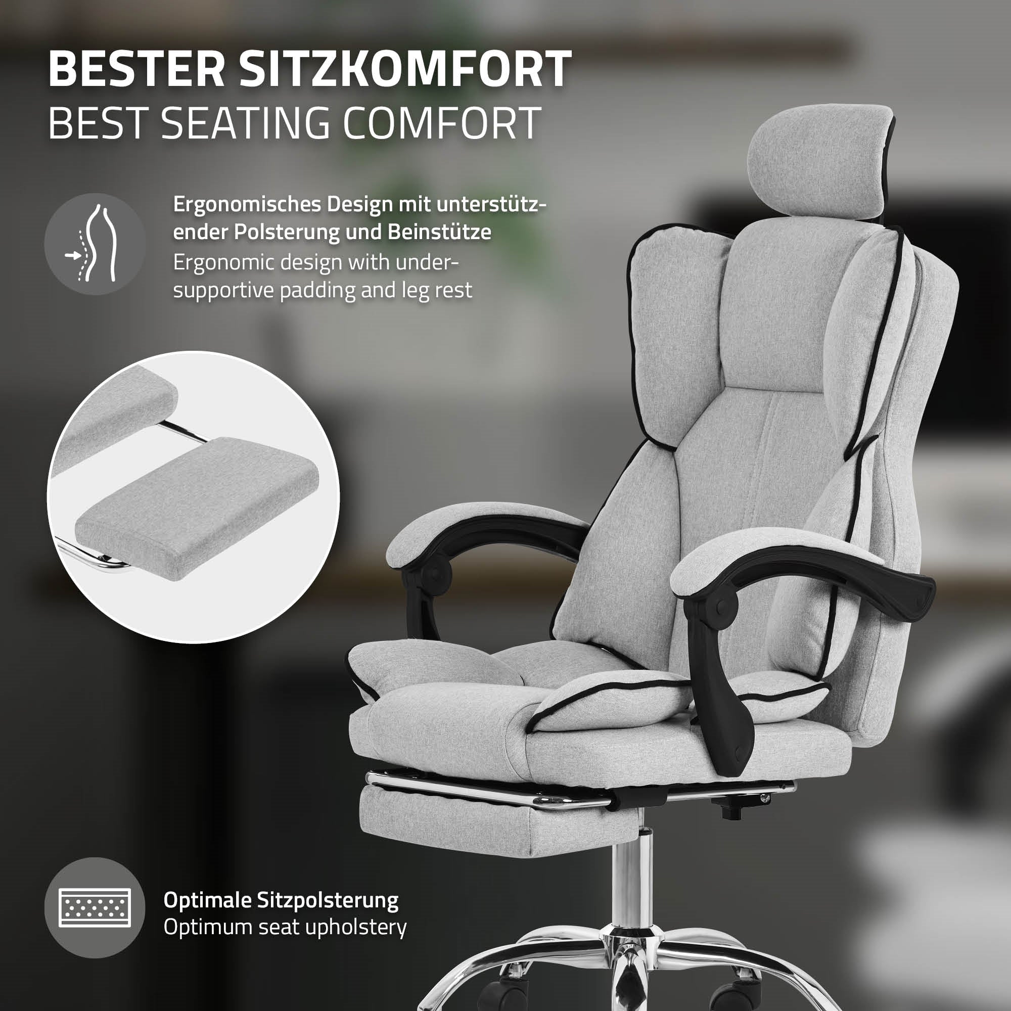 Grauer Bürostuhl mit ergonomischem Design und verstellbaren Armlehnen.