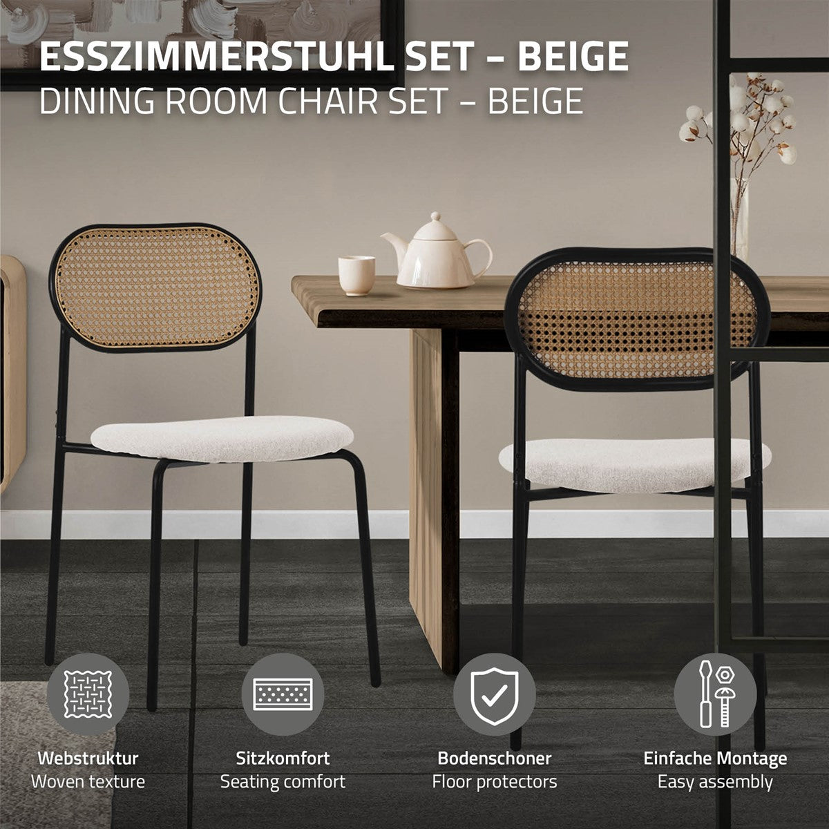 Ensemble de chaises de salle à manger beiges avec table, chaises et instructions de montage.
