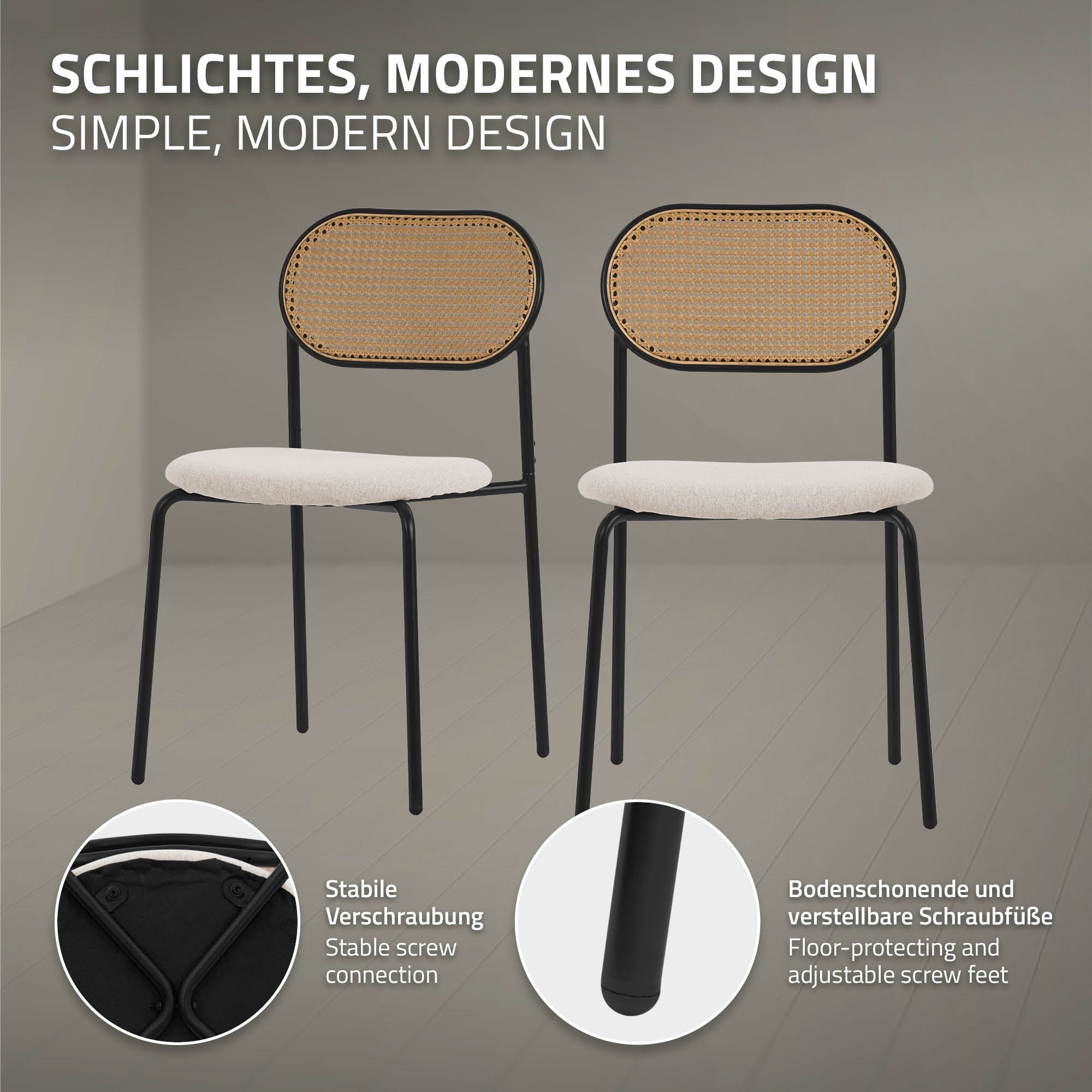 Zwei Stühle mit modernem Design, Text über Schraubverbindung.