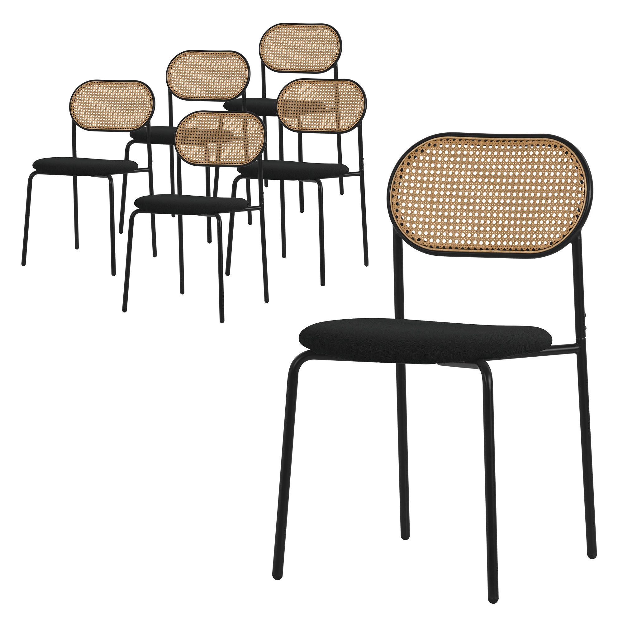 Six chairs with black frames and woven backs.