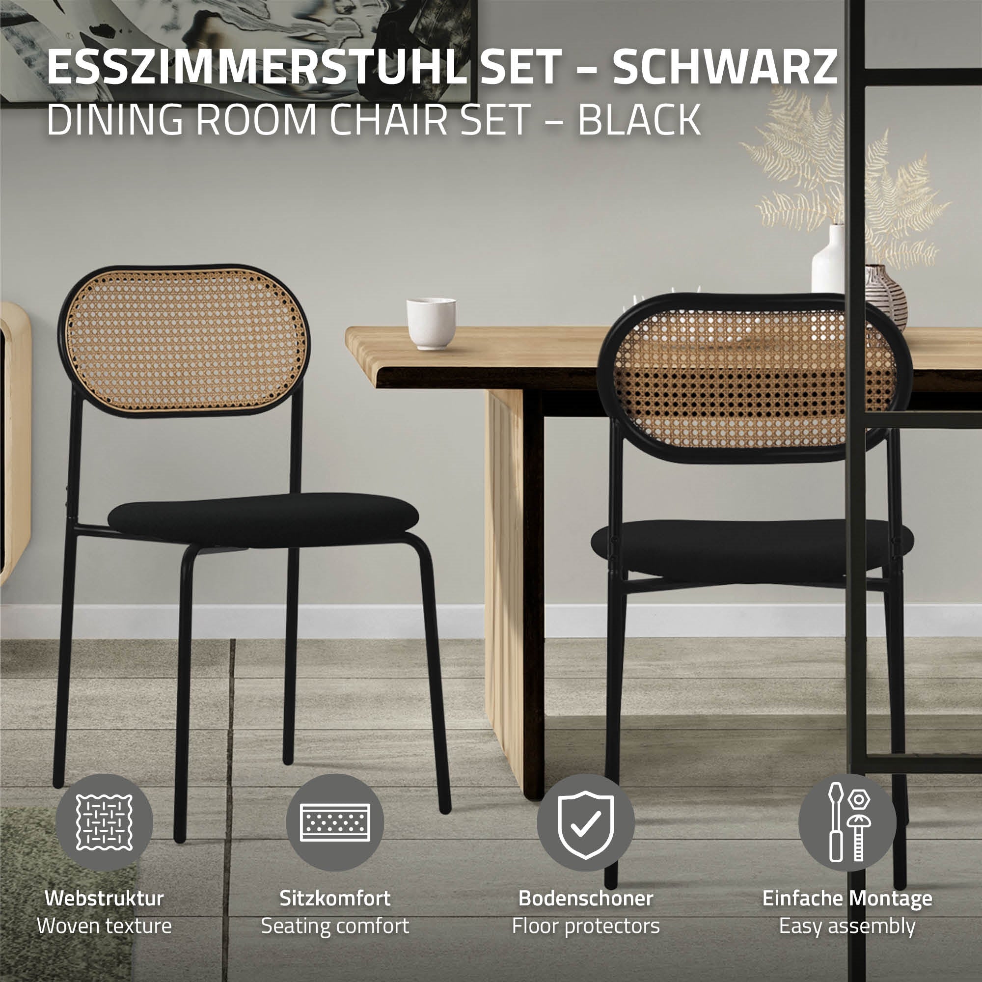 Black dining chair with a woven back and description of features.