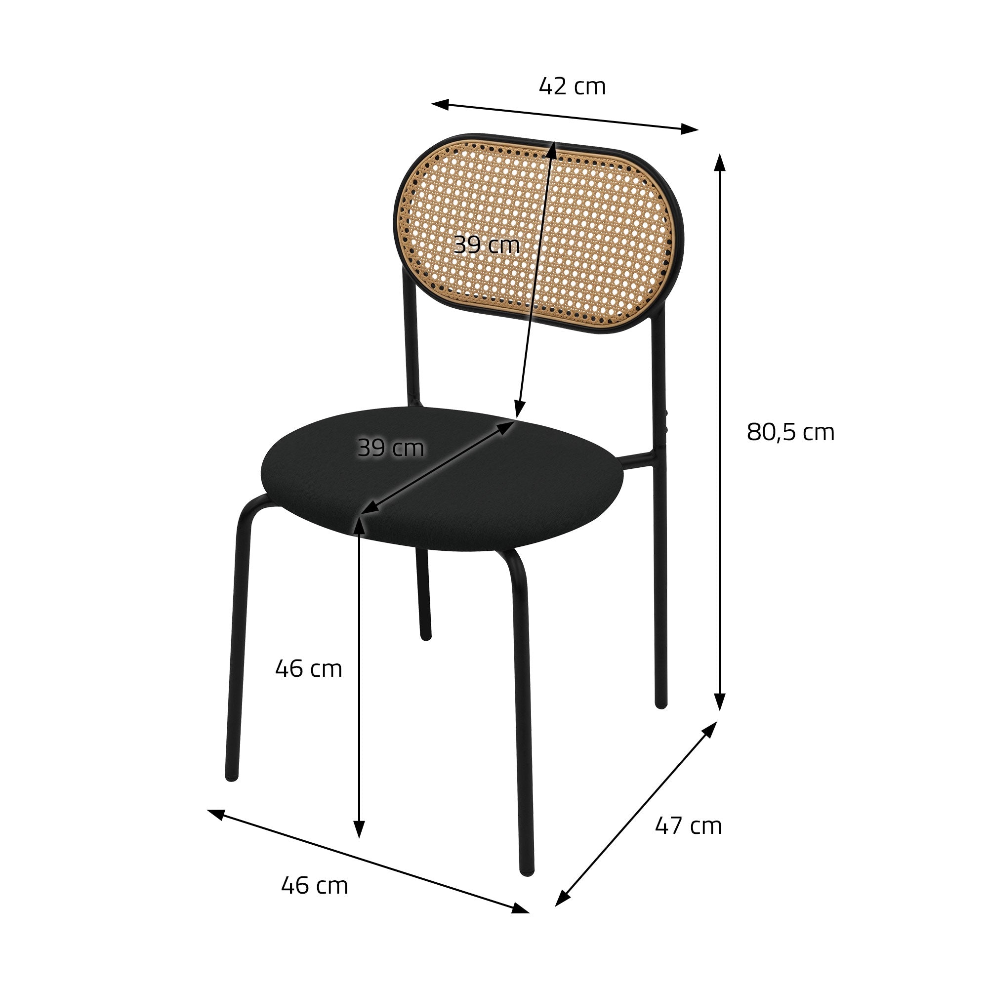 Dessin technique d'une chaise avec des dimensions en centimètres.