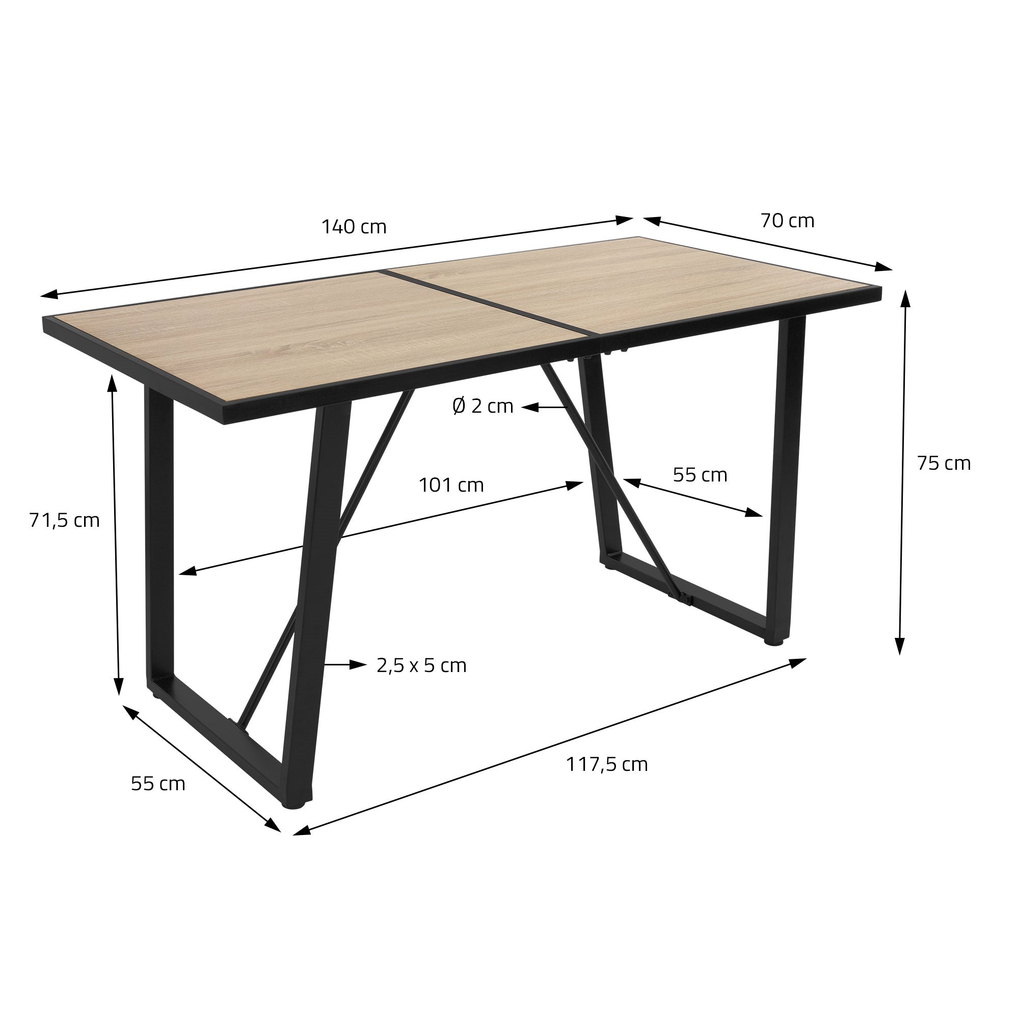 Holztisch mit Maßen und zwei Platten, die zusammengefügt sind.