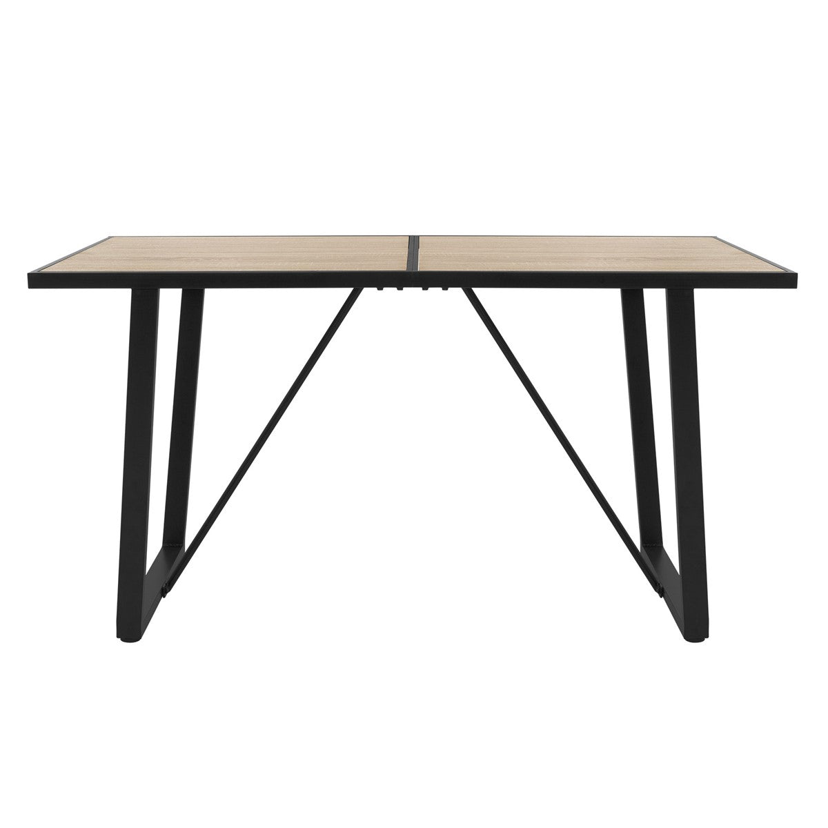 Tavolo da pranzo visto frontalmente, con superficie in legno e gambe nere.