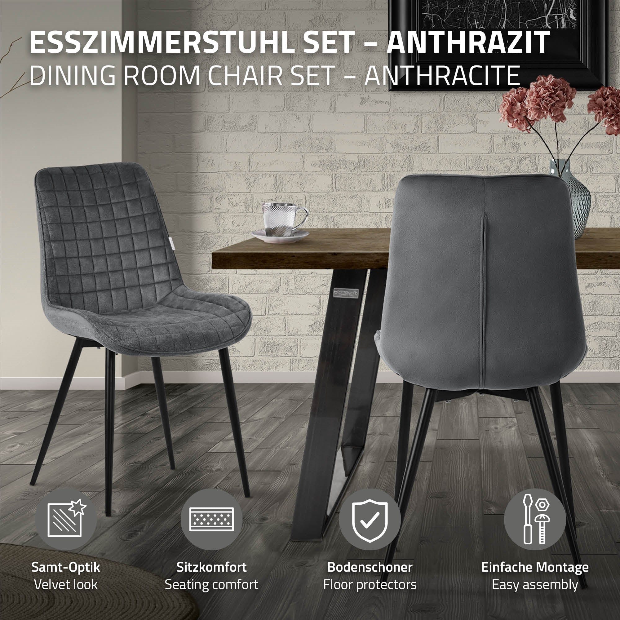 Ein anthrazitfarbenes Esszimmerstuhl-Set mit Informationen zu Komfort und Montage.