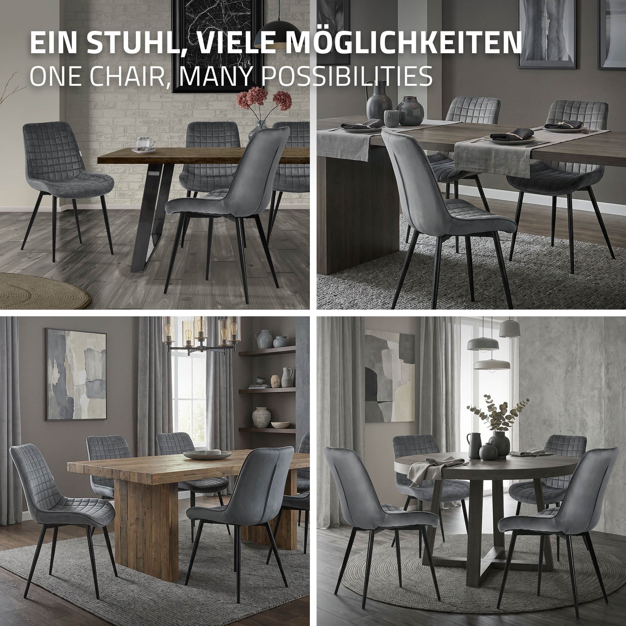 Verschiedene Esszimmerstühle um einen Tisch in einem stilvollen Raum.