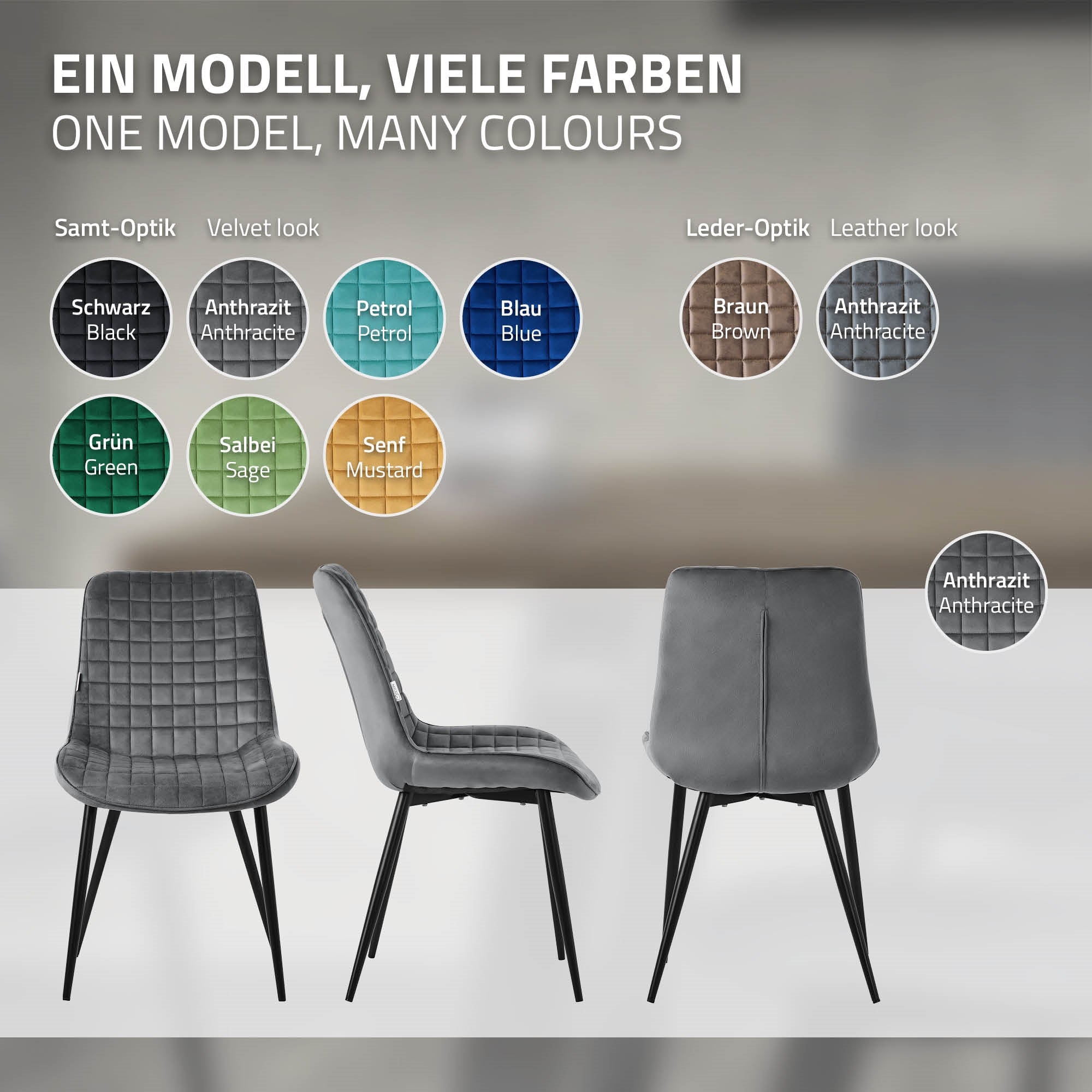 Drei Stühle in verschiedenen Farben auf einem neutralen Hintergrund.