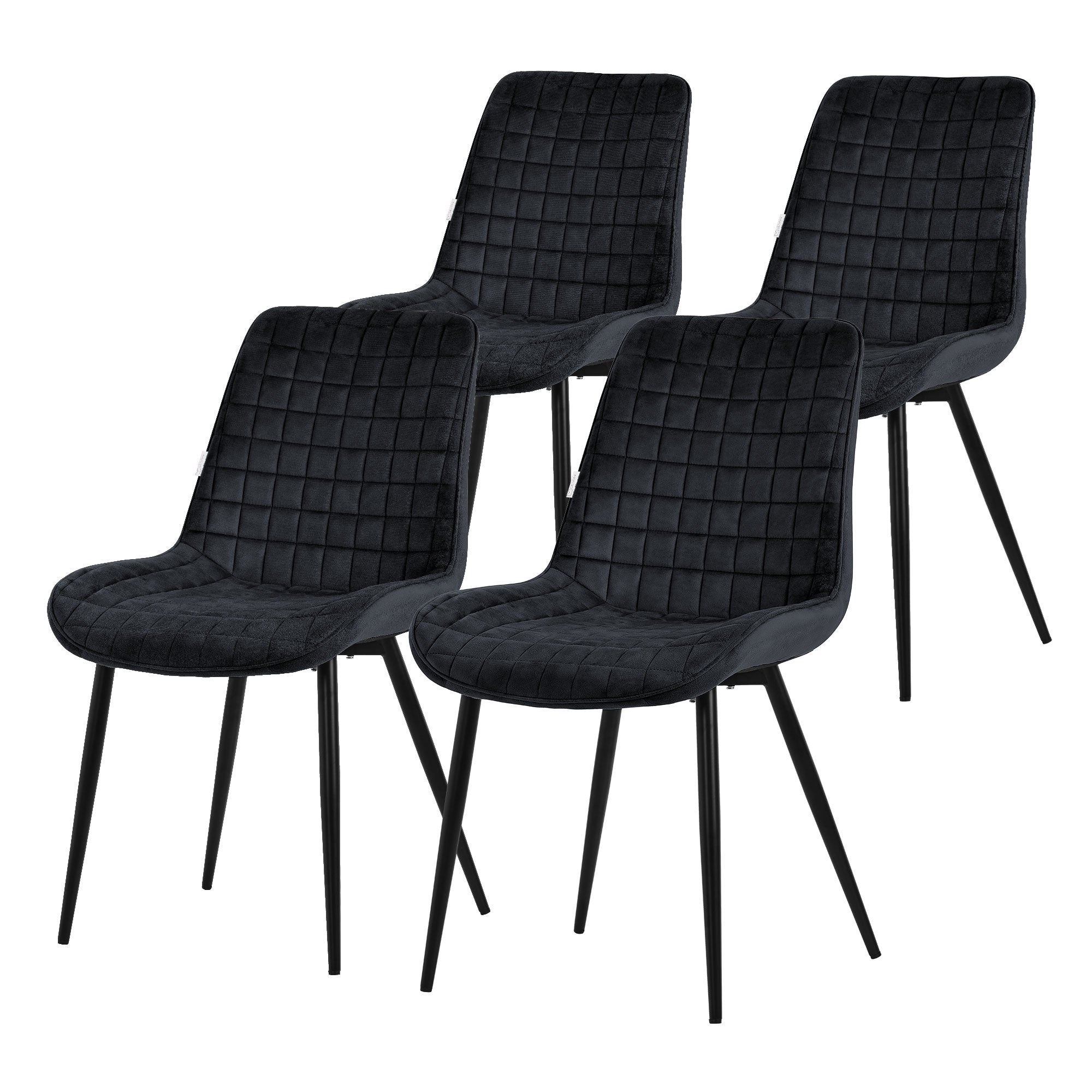 Vier schwarze Stühle mit gepolstertem Sitz und quadratischem Muster.