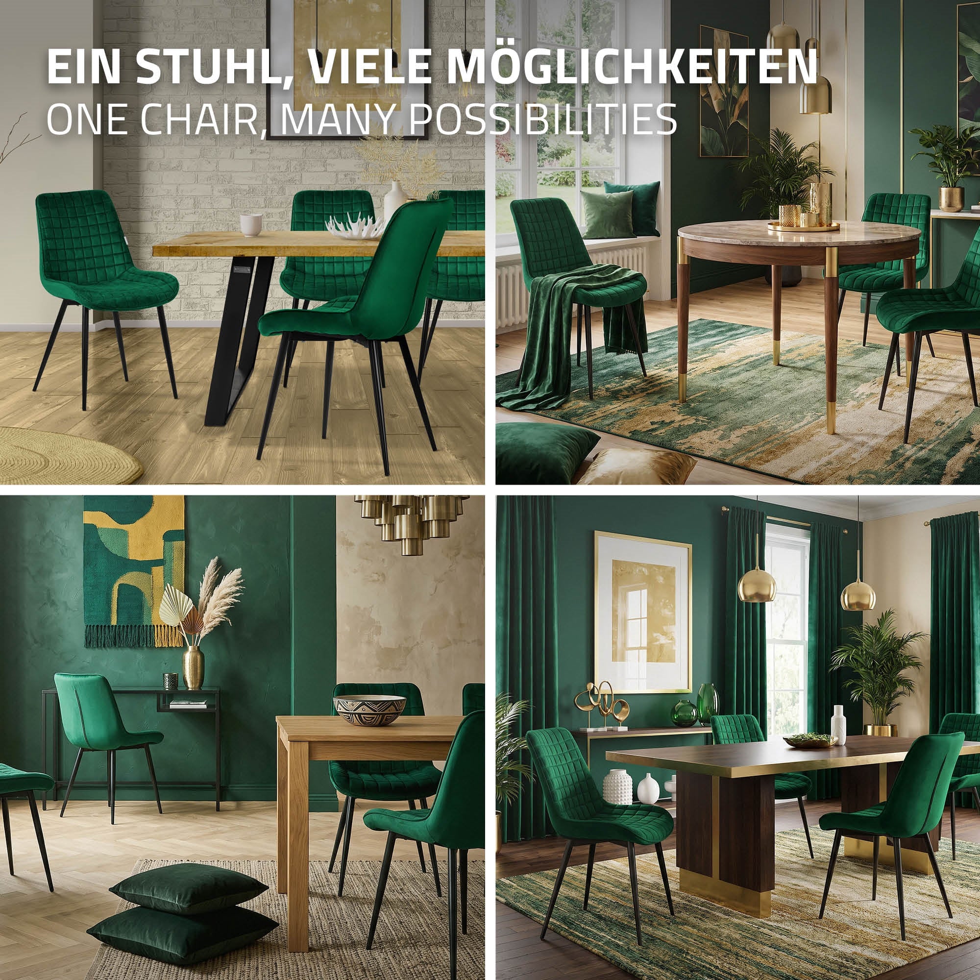 Collage mit verschiedenen Möglichkeiten, einen grünen Stuhl in einem Raum zu nutzen.