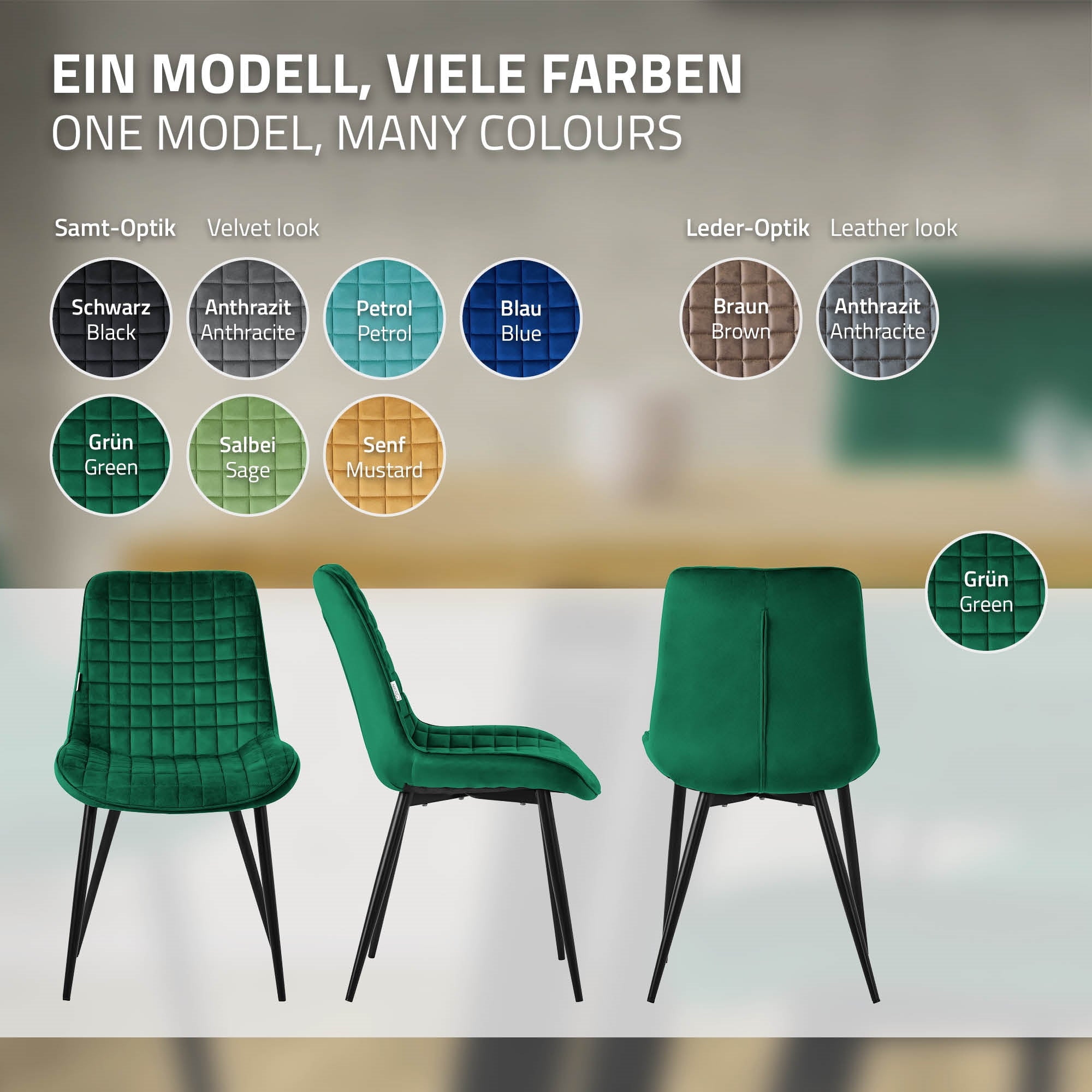 Drei grüne Stühle in verschiedenen Farben mit einer Übersicht der Farboptionen.