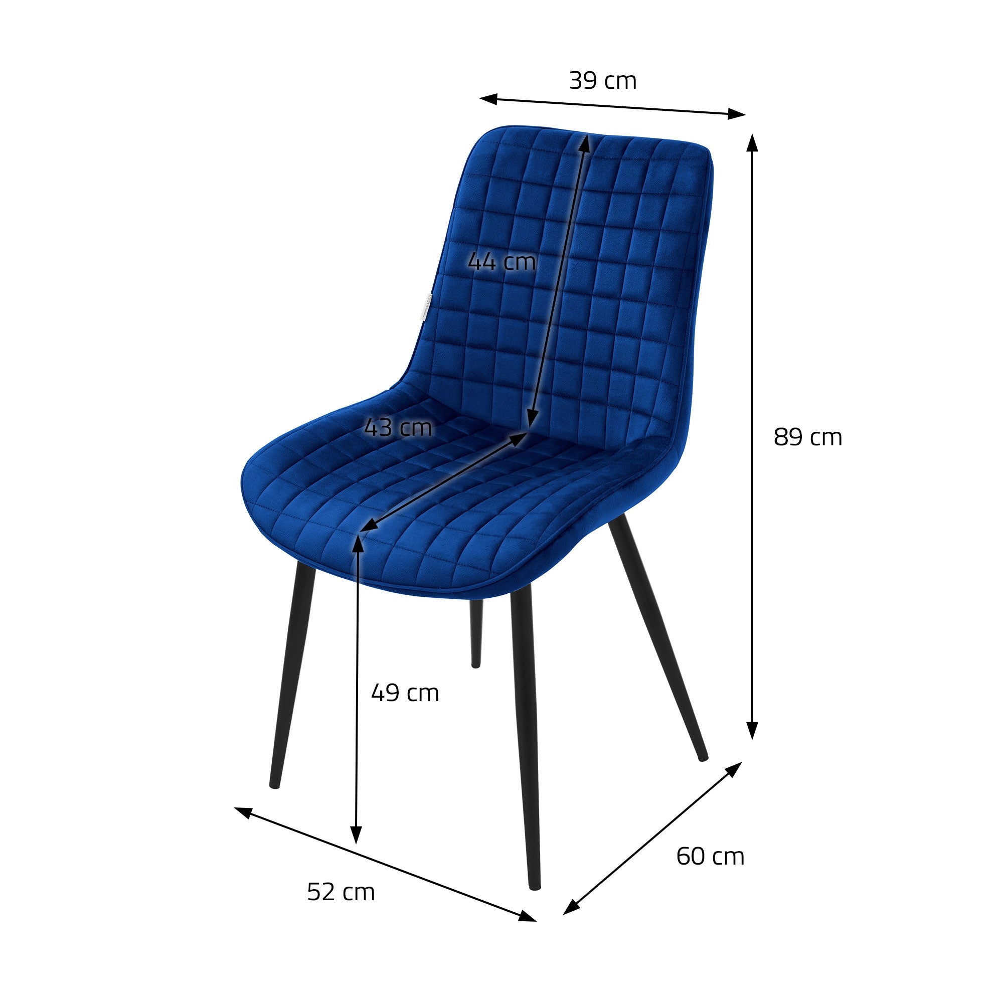 Mitat sinisestä tuolista, mitat senttimetreinä.