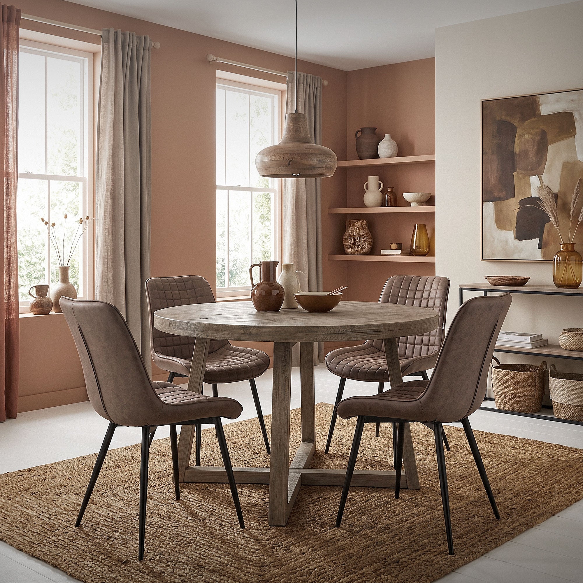 Una sala da pranzo con un tavolo rotondo, sedie e una palette di colori caldi.