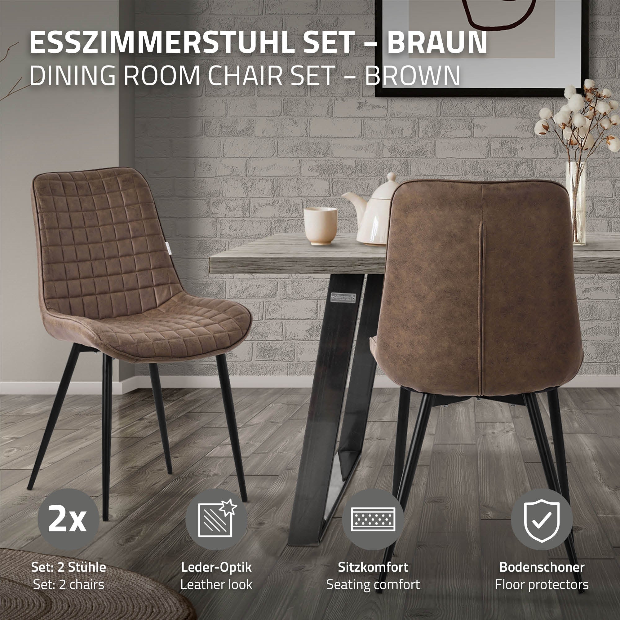 Braunes Esszimmerstuhl-Set mit zwei Stühlen und Tisch im Hintergrund.