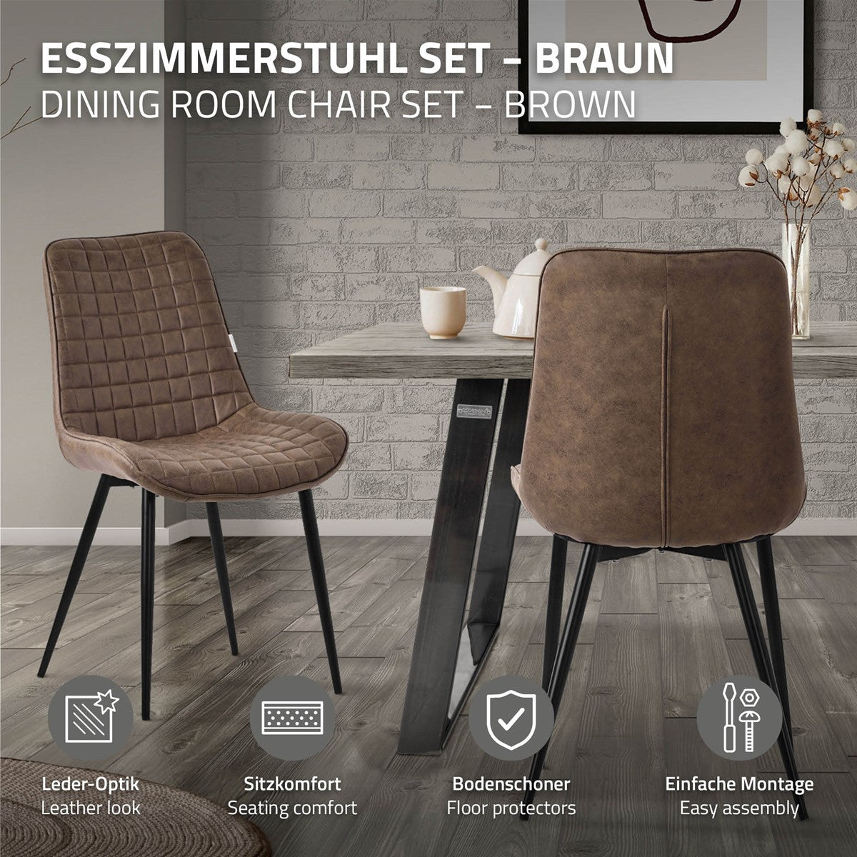Brauner Esszimmerstuhl vor einem Tisch in einem modernen Raum.