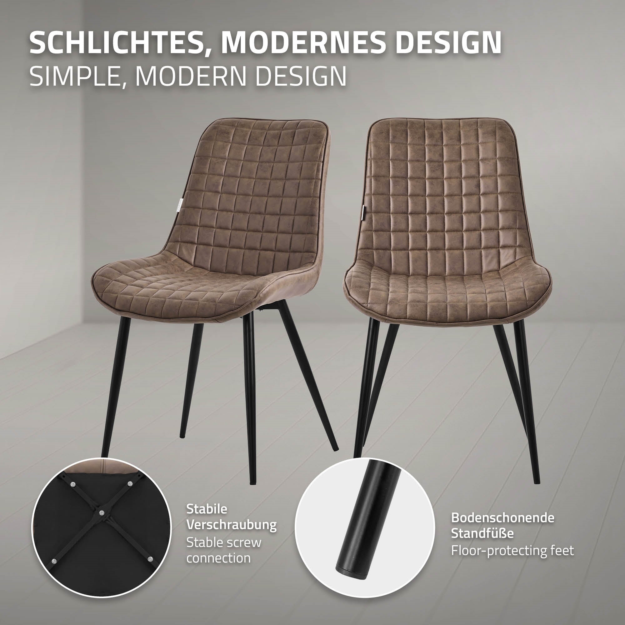 Zwei moderne Stühle mit gestepptem Design und schwarzen Beinen.
