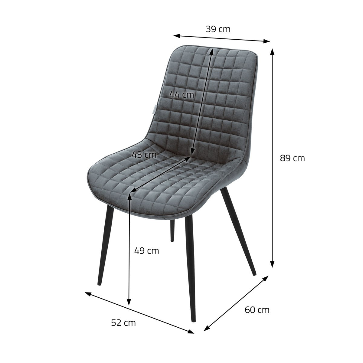 A black chair with measurements in centimeters.