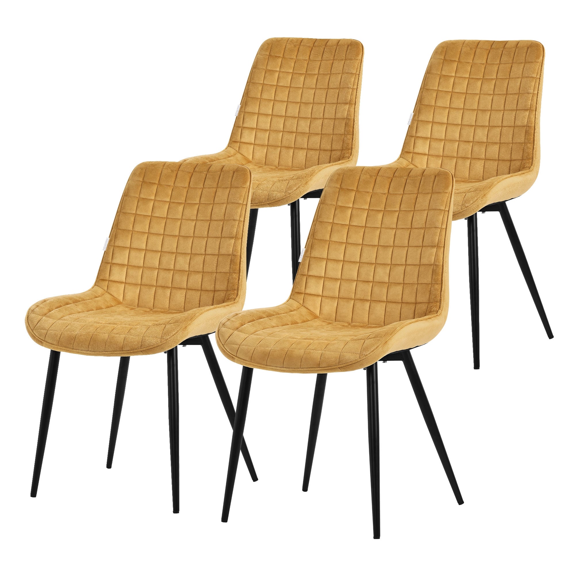 Vier gelbe Stühle mit quadratischer Polsterung und schwarzen Beinen.