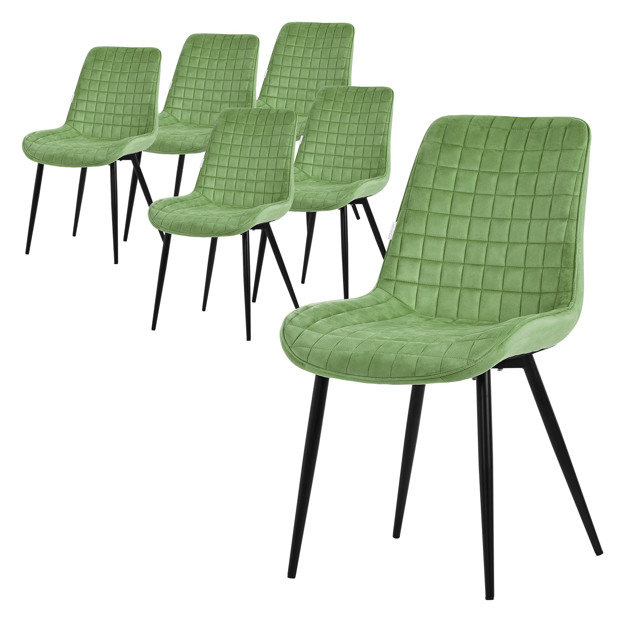 Sechs grüne Stühle mit quadratischem Muster und schwarzen Beinen.