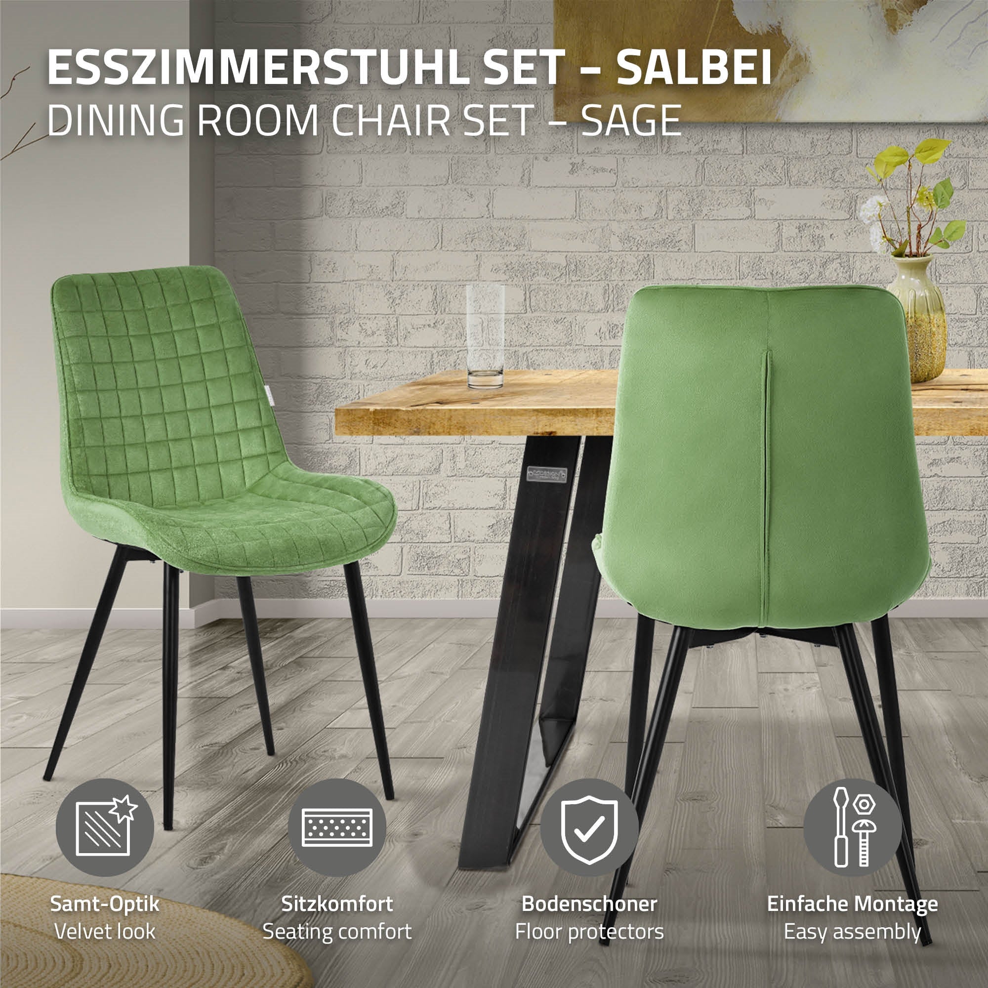 Zwei grüne Esszimmerstühle vor einem Tisch, mit Holzbeinen und samtiger Oberfläche.