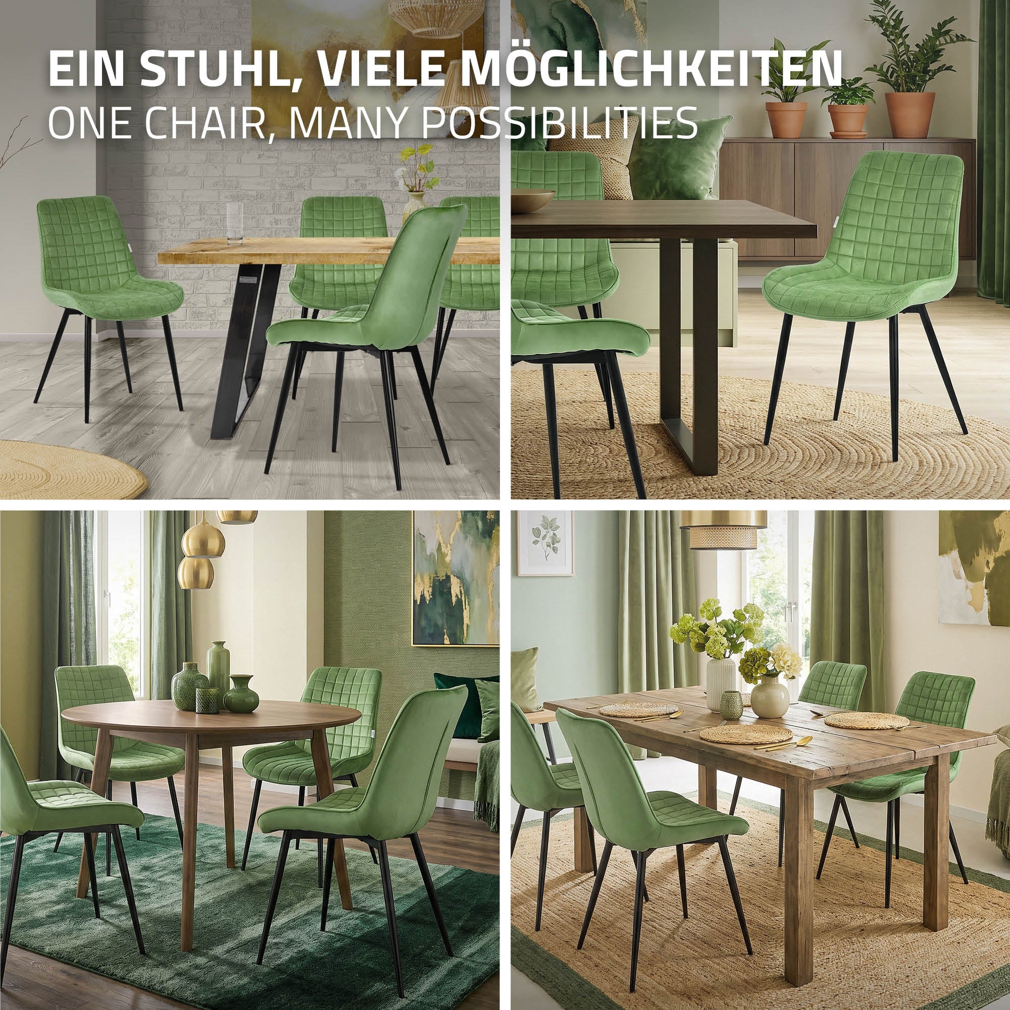 Grüne Stühle um einen Tisch in verschiedenen Raumgestaltungen.